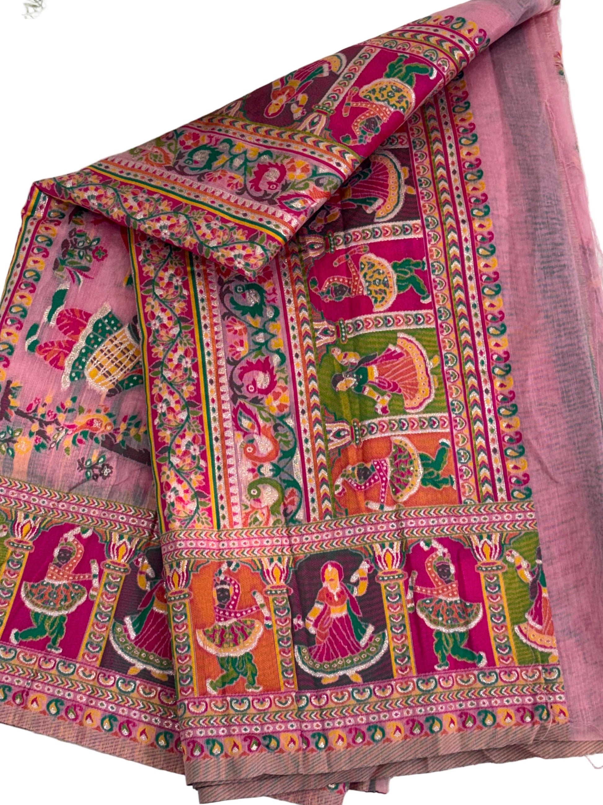 The saree appears to be a Gharchola or a similar style of hand-woven Indian saree, possibly a type of  Chanderi  Silk blend.multicolour in saree and multicolour border best look at festival