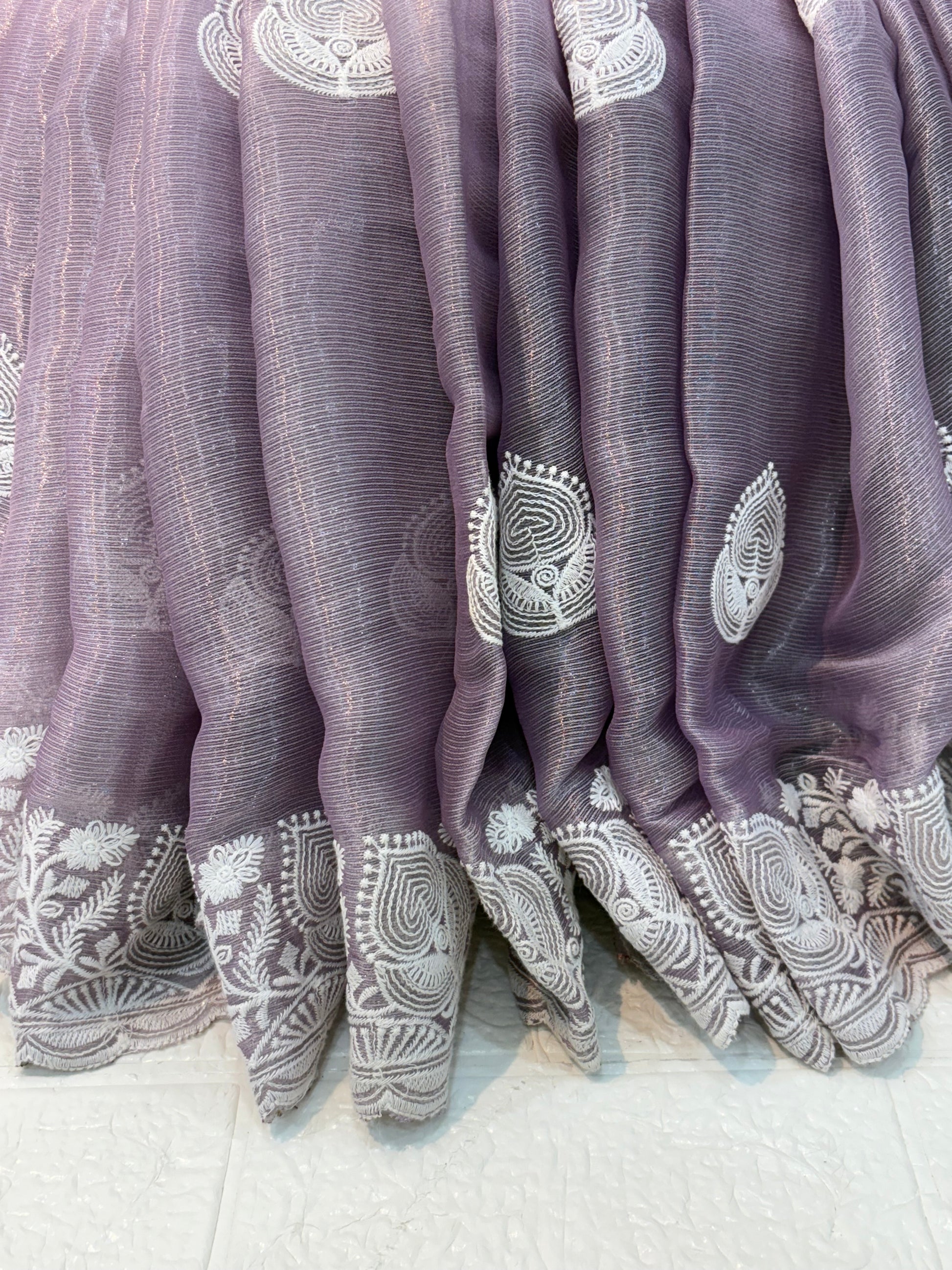 Name: Lavender Saree Organza fabric with intricate white thread embroidery and Maching blouse best look for festival