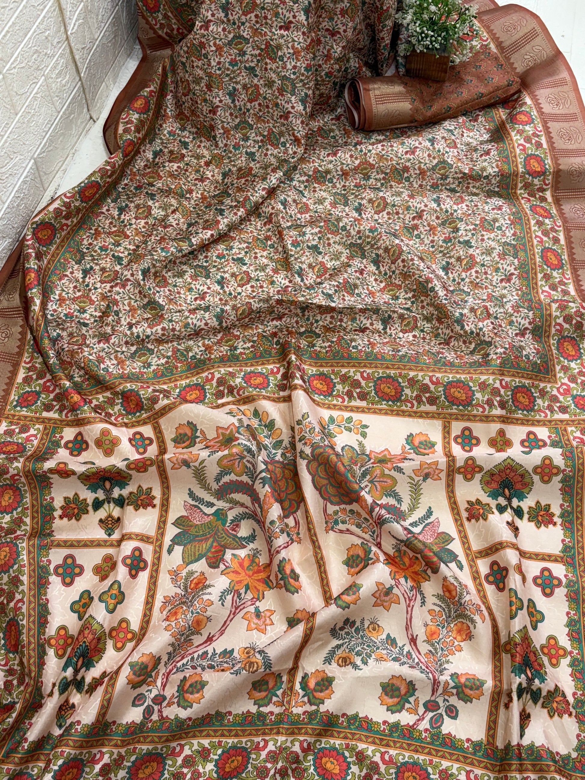 Cotton silk saree multicolour with copper colour zari border floral motifs often called a checked Patola design