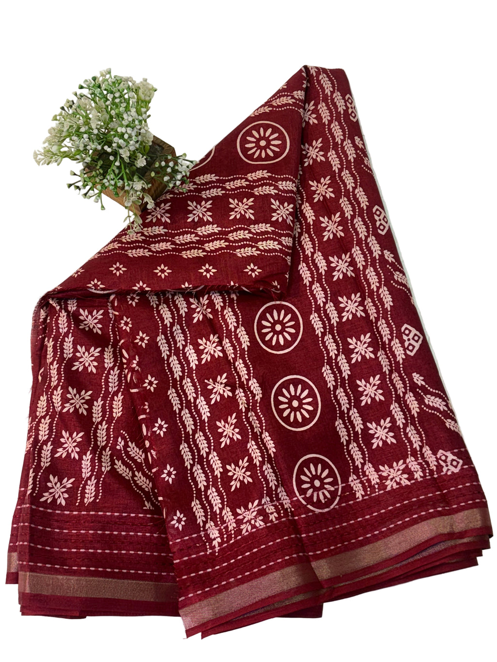 Name: Maroon Traditional Block-Print Saree
Fabric: Soft cotton silk with all-over hand-block style motifs and printed pallu border