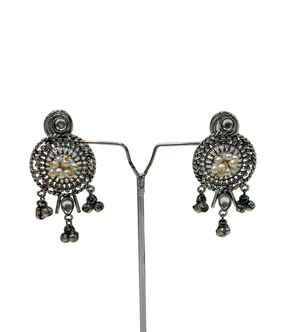 Name: Antique Oxidized Circular Necklace Set German silver with intricate filigree work and pearl bead detailing