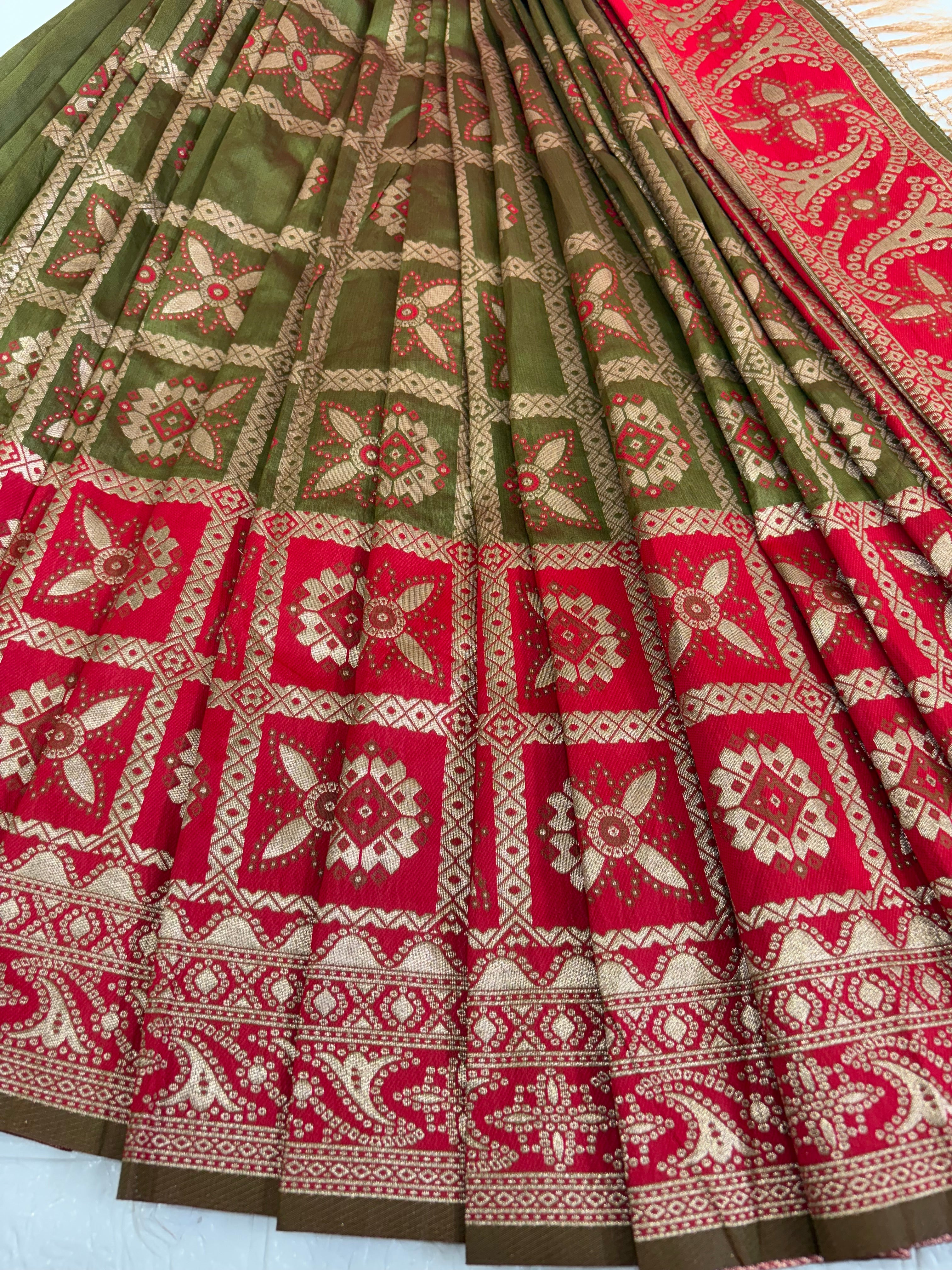 Name: Olive green Saree
Fabric: Pure Art silk blend adorned with traditional block print motifs and a contrasting red border for a timeless ethnic appeal.