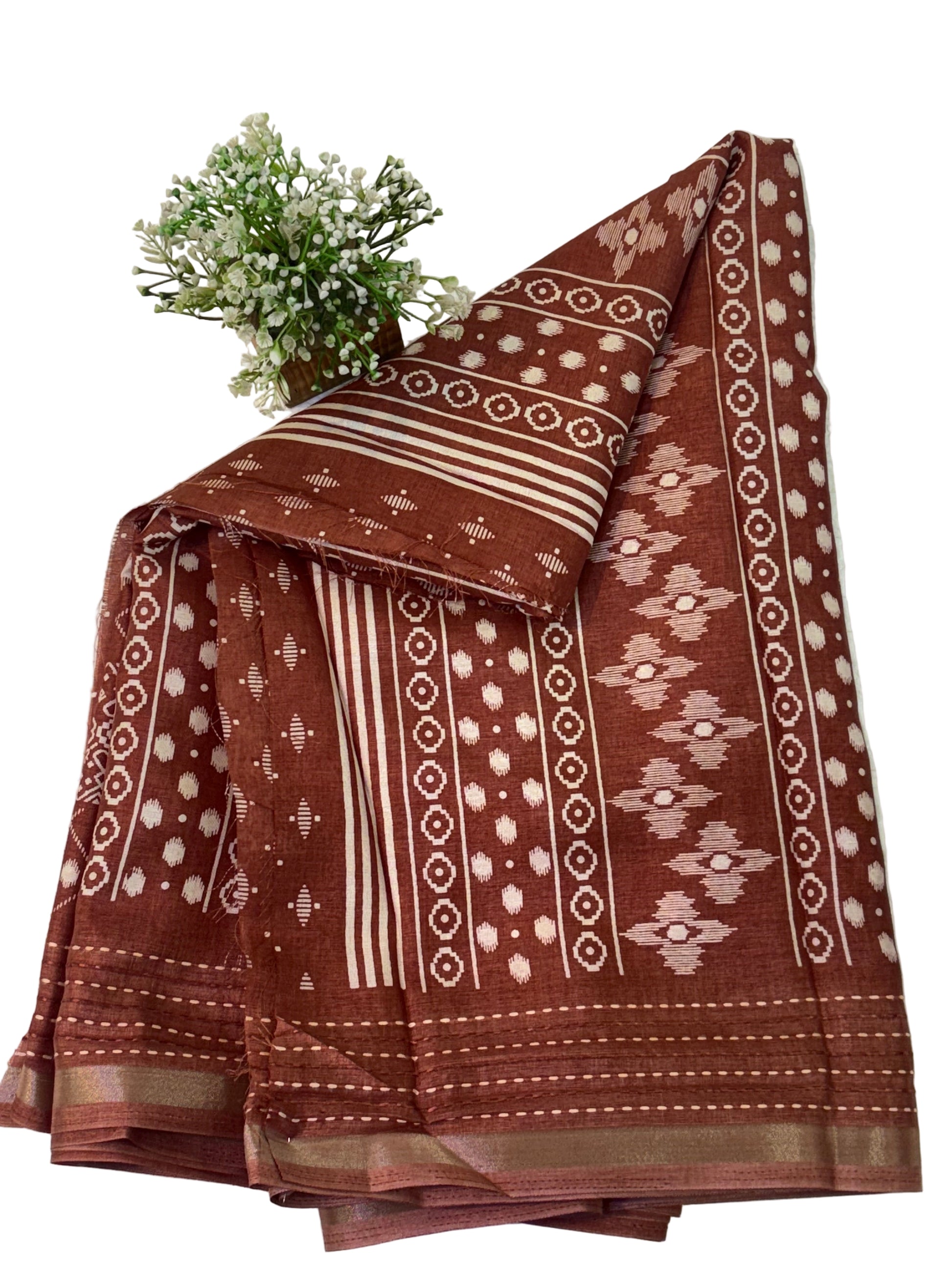Name: Brown handblock  Printed Saree
Fabric: Soft cotton silk blend fabric with a smooth, lightweight drape motifs and patterned borders