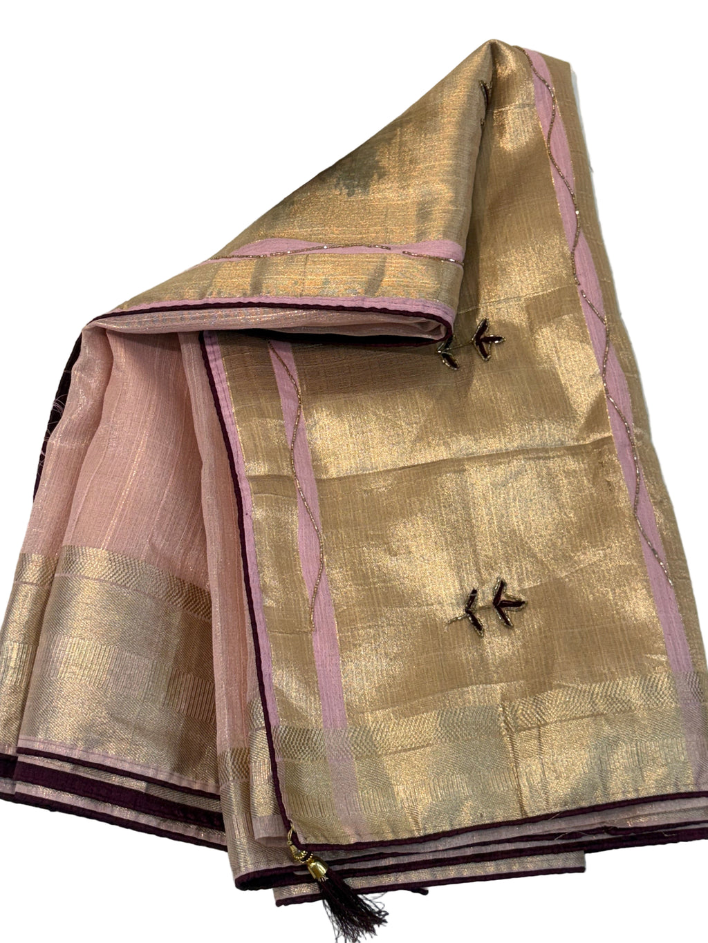 Name: Soft Pastel Pink cotton  shimmering tissue silk fabric 
with delicate zari border and subtle hand-embroidered motifs