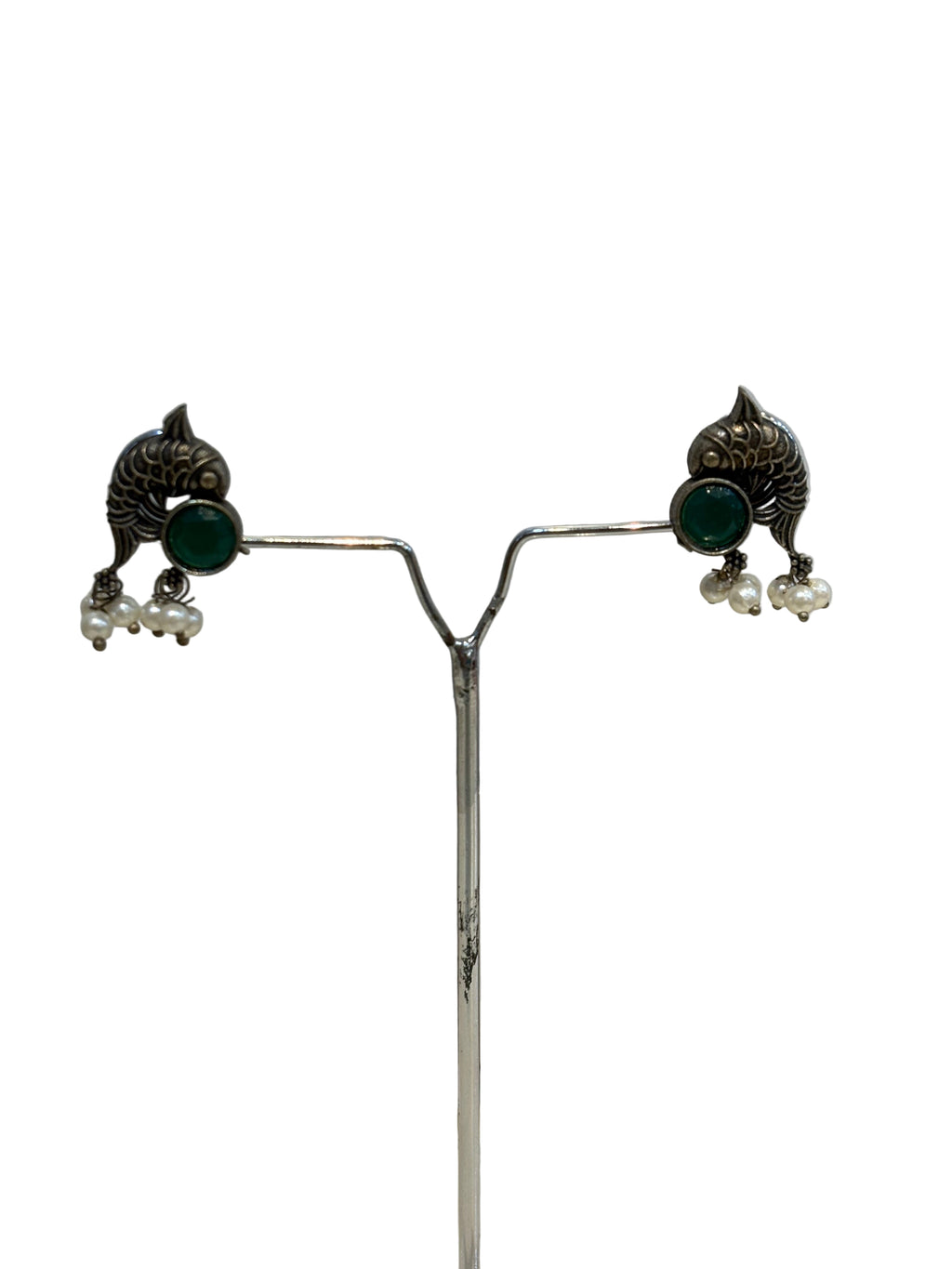 Name: fish Design Oxidized Necklace Set German silver with green and pink stone detailing and pearl drops