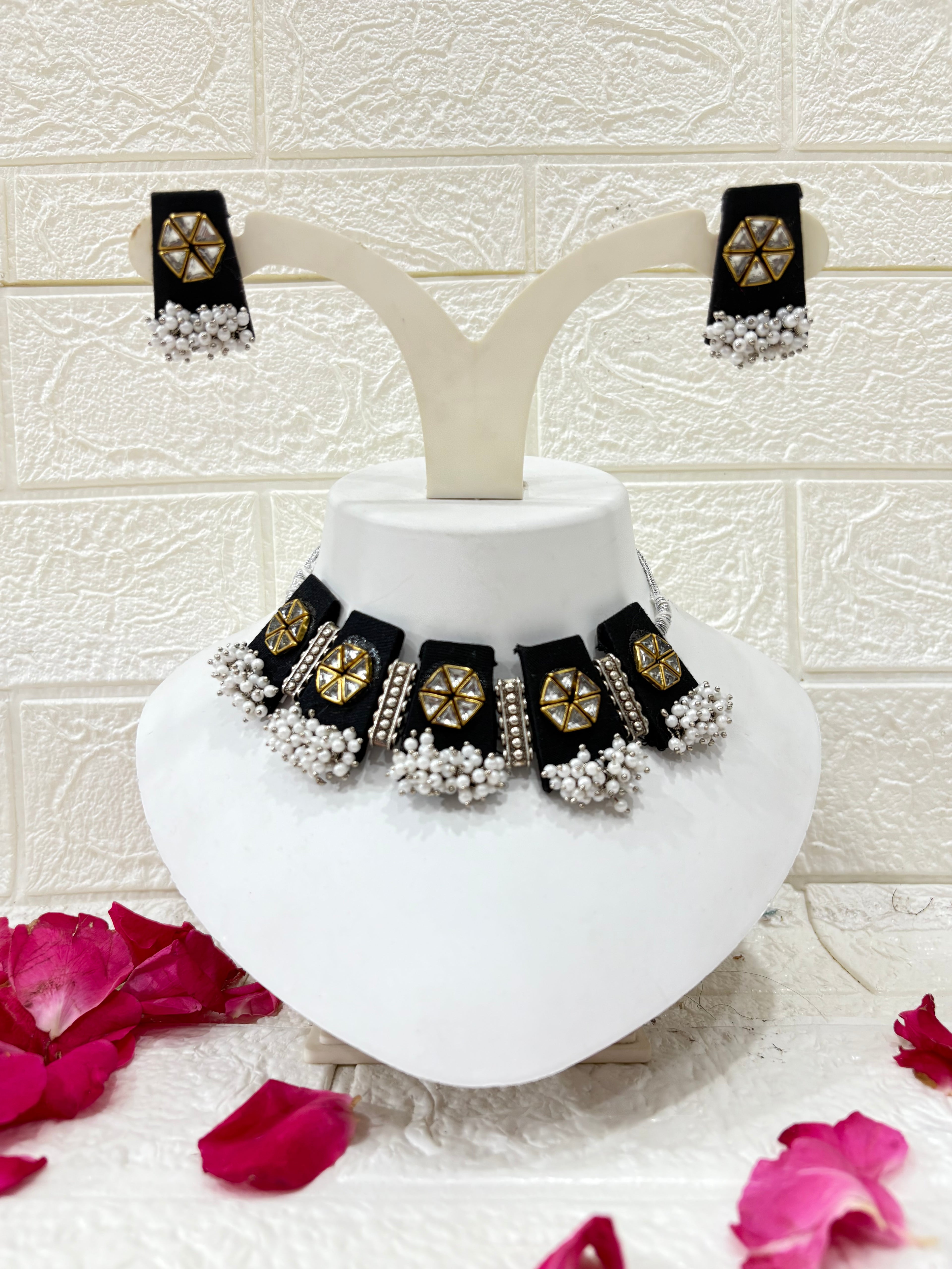Name:
Black Fabric Choker Set with Mirror Work & Pearl Drops

Collection:
Festive & Wedding Jewelry Collection
(or if you want it more niche: Elegant Black Edit – Statement Jewelry Collection)

This will make it easy for customers to browse and also give