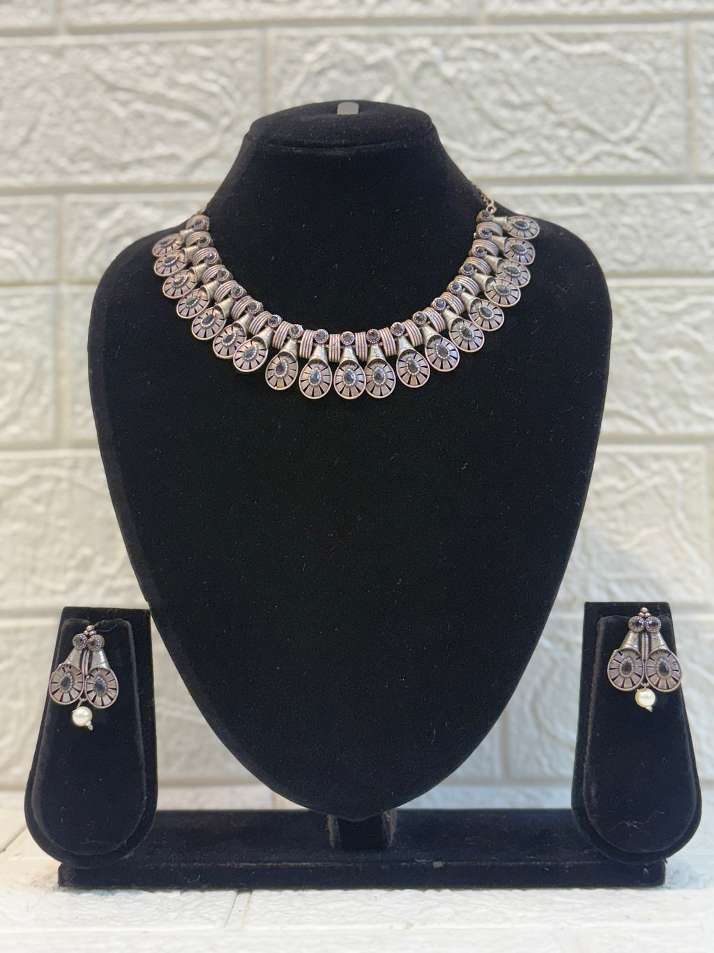 Name: Antique Silver Oxidized Necklace Set German silver with oxidized finish and pearl accents