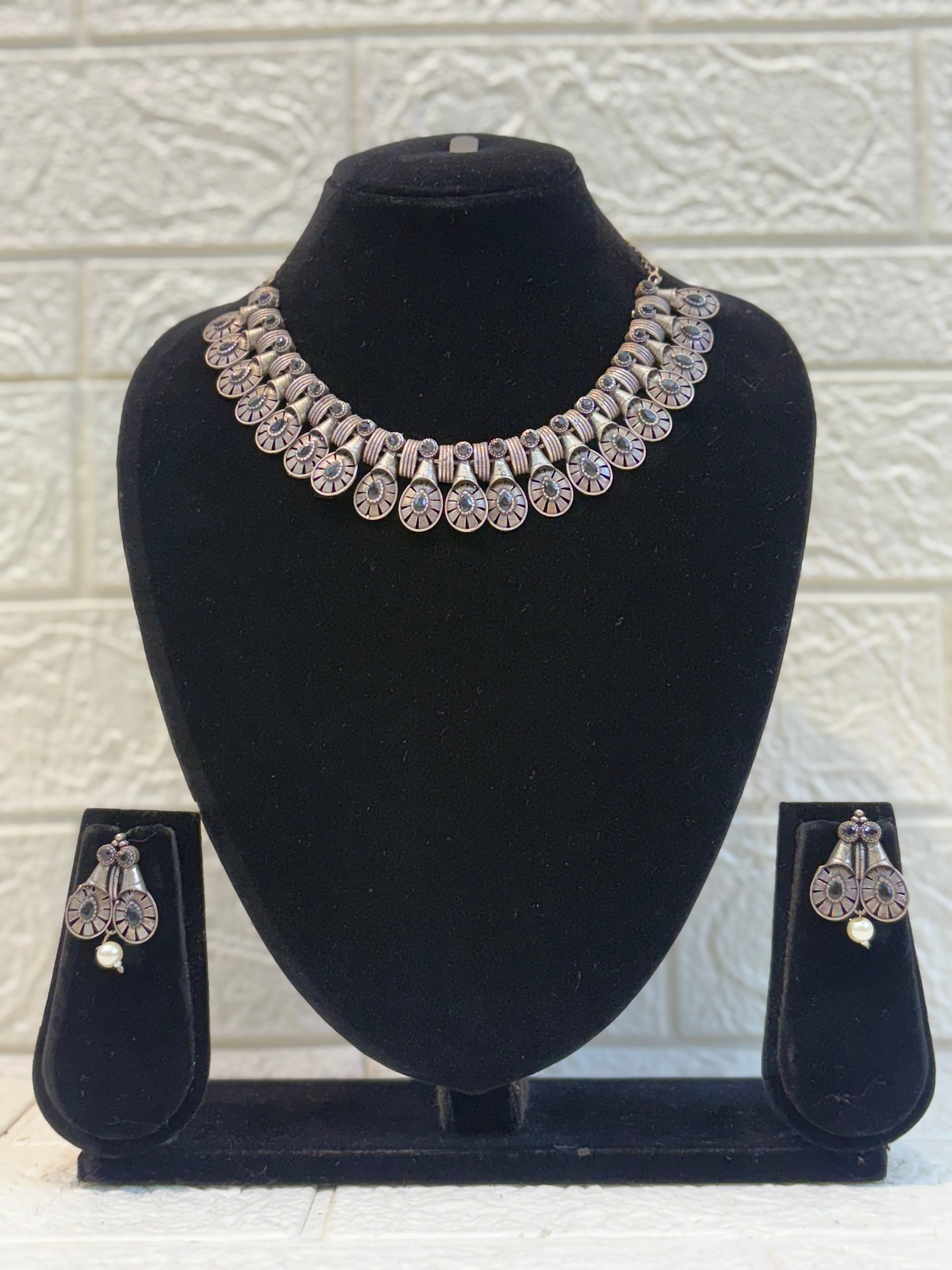 Name: Antique Silver Oxidized Necklace Set German silver with oxidized finish and pearl accents