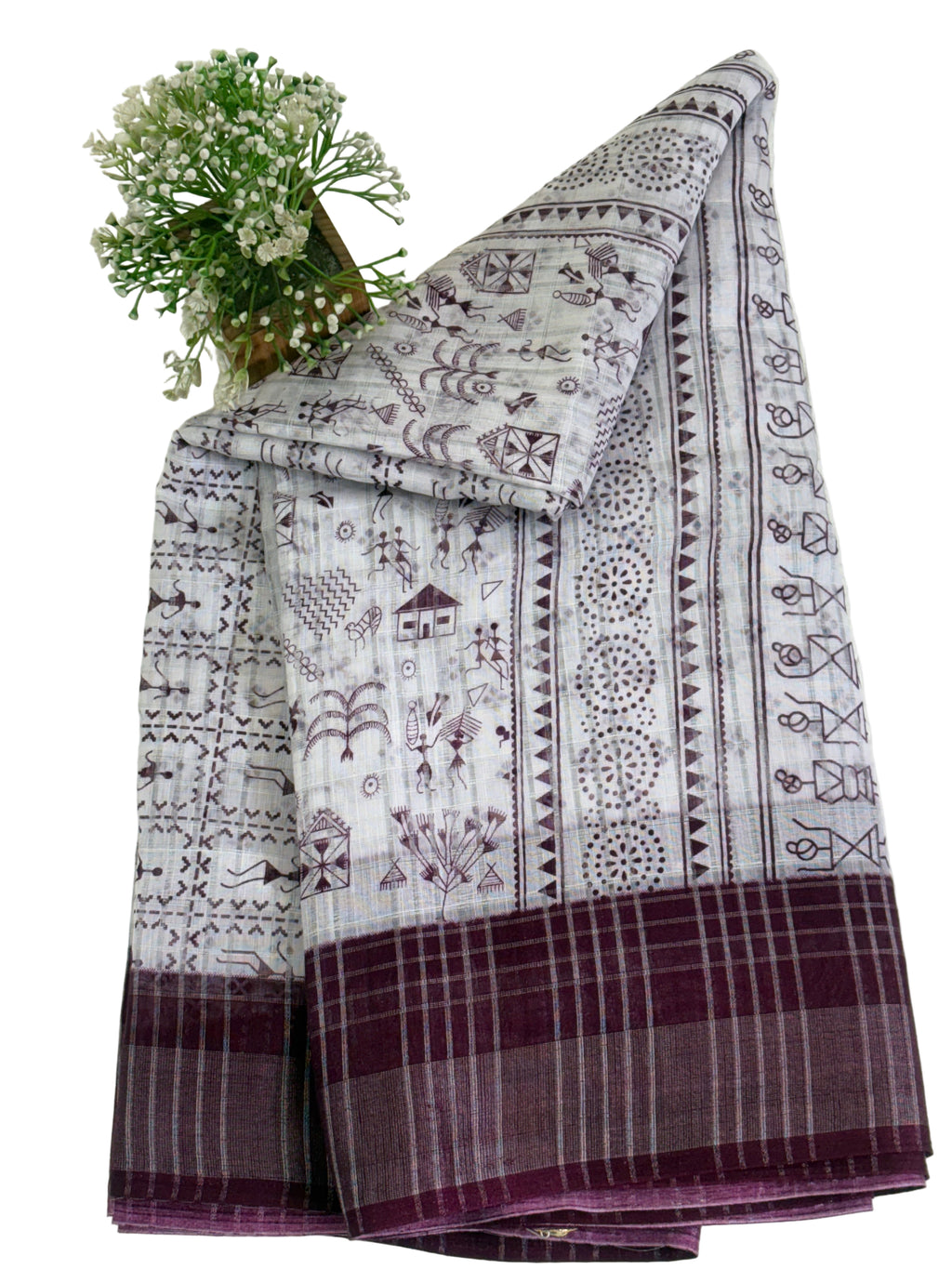 Warli printing on a saree refers to a textile embellished with the traditional tribal art form of the Warli tribe from Maharashtra India The designs cotton fabric and wine colour