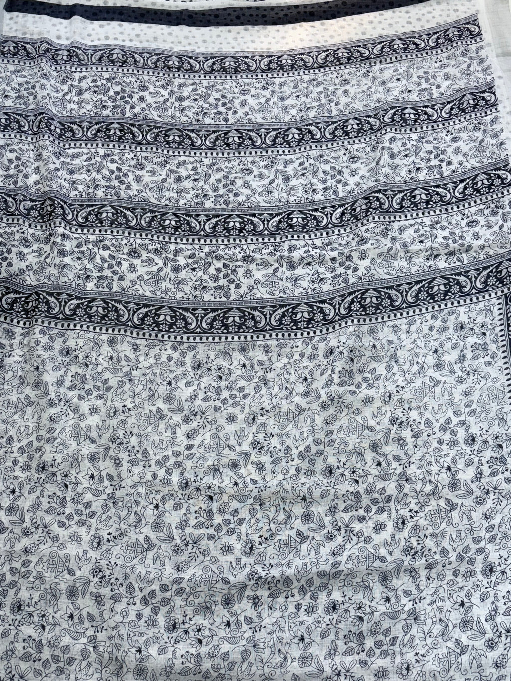 Cotton saree white and blue midnight colour silver colour zari border and peacock & floral motifs silver border often called a checked  Patola design