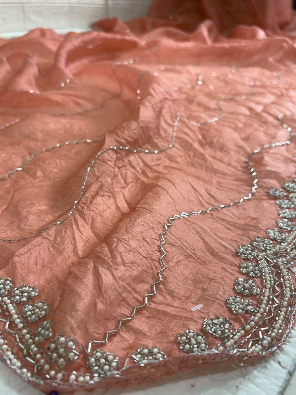 Name: creamy peach colour Saree Shimmer organza with delicate sequin wave embroidery and scalloped border