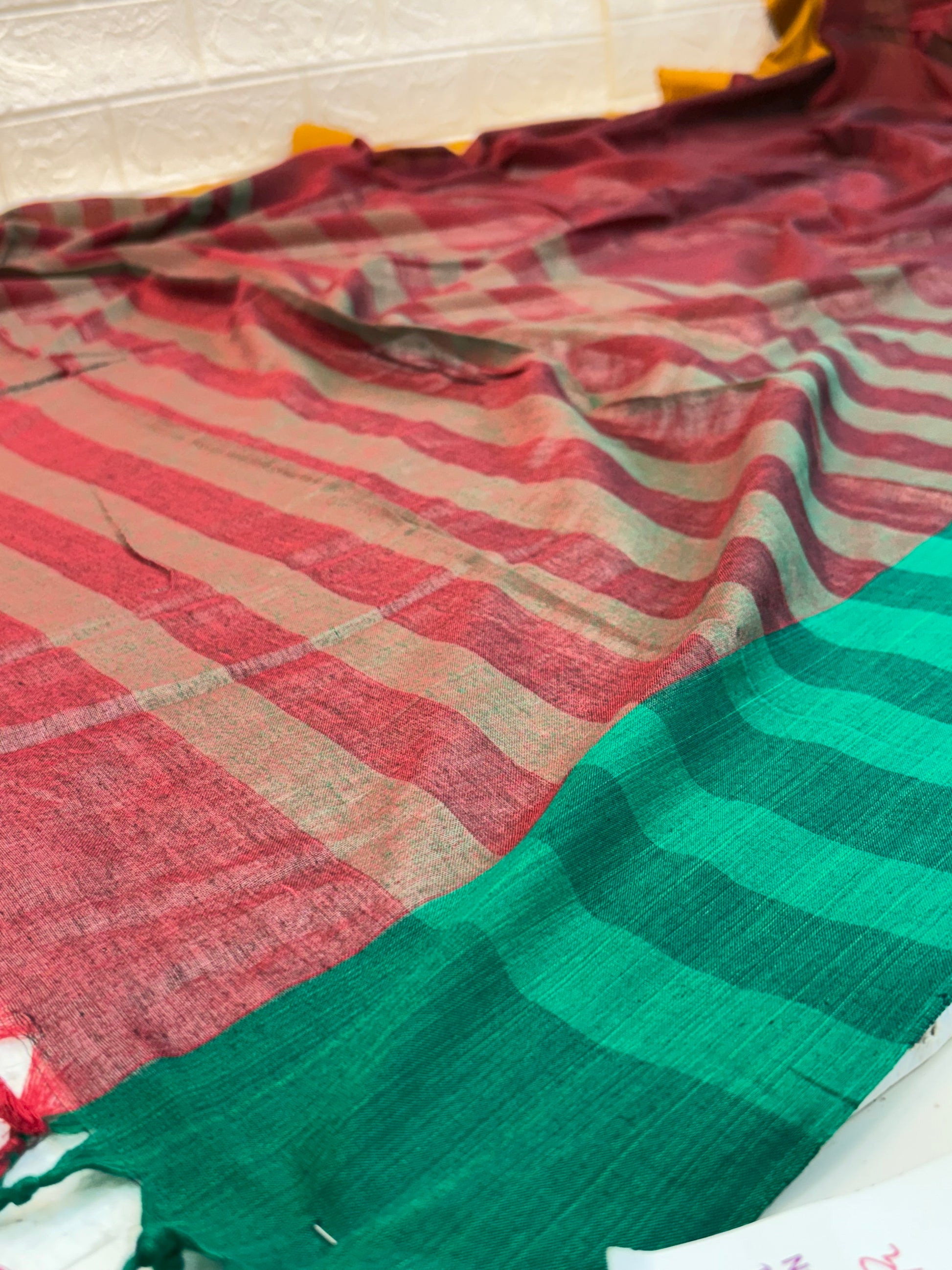 Name: Dual Tone Handloom Cotton Saree with contrast green and mustard borders and subtle woven stripes