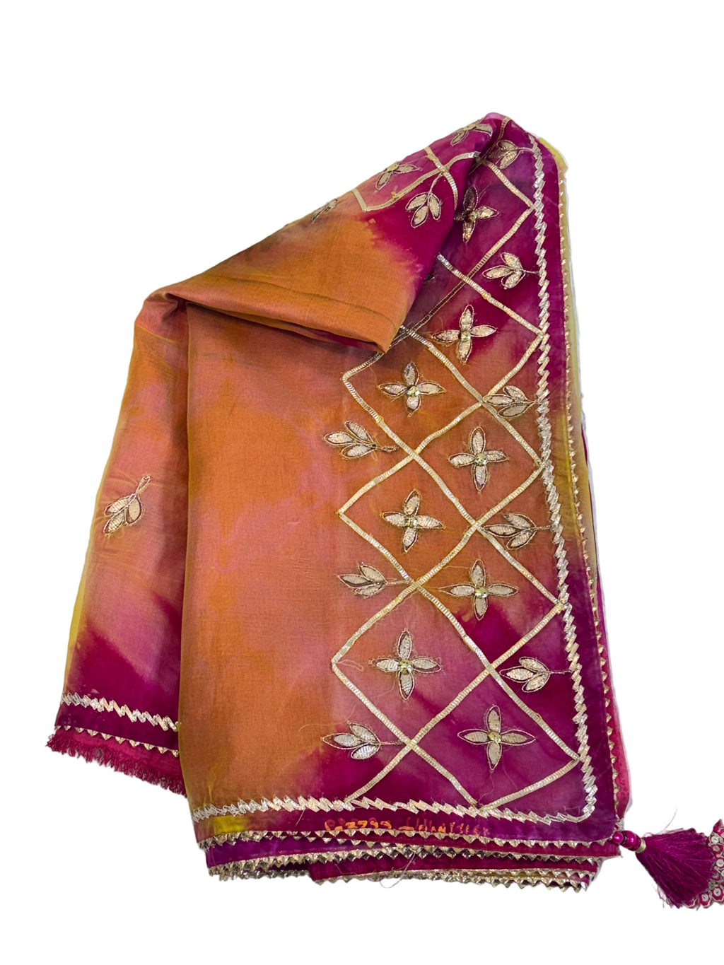 Name: Yellow and Magenta Tie-Dye Saree Organza fabric with subtle sequin embroidery and scalloped border