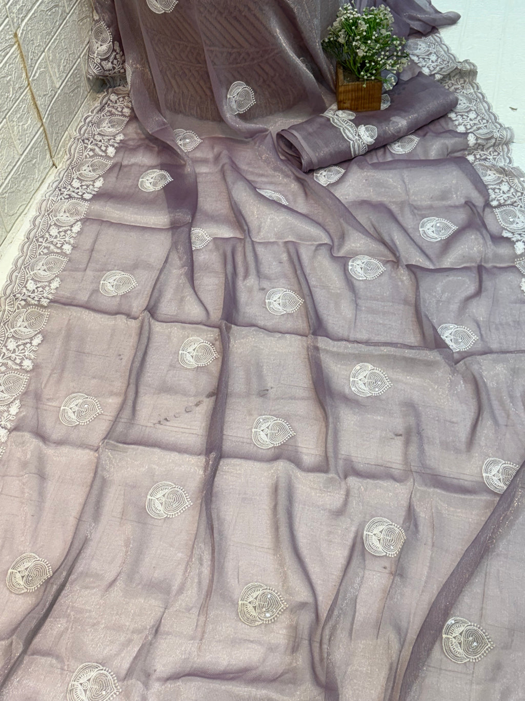 Name: Lavender Saree Organza fabric with intricate white thread embroidery and Maching blouse best look for festival