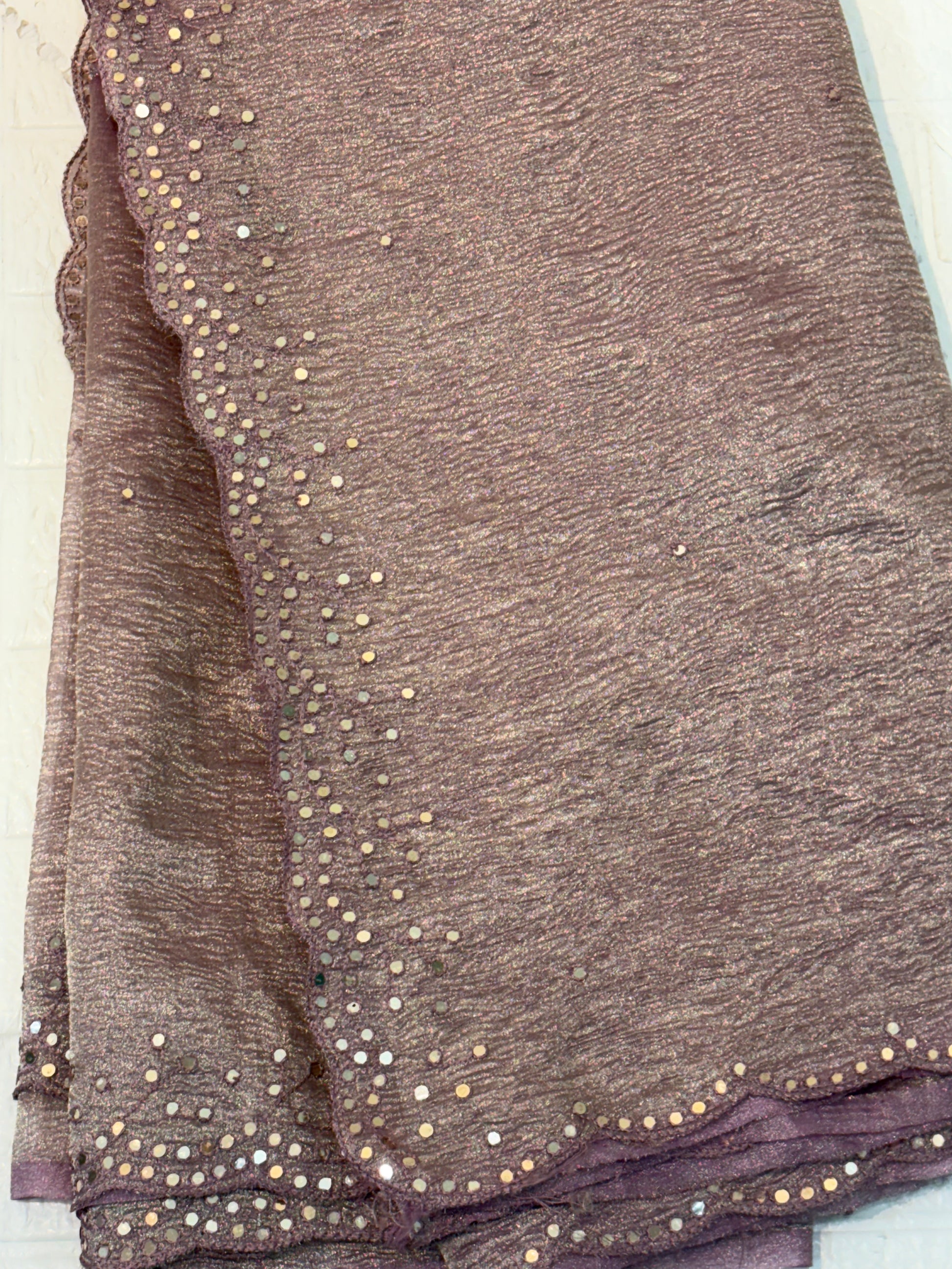Name: purple gold Mauve crust Tissue Shimmery fabric with subtle sequin embellishments and delicate scalloped lace border