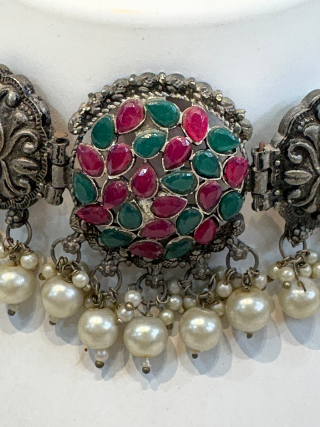 Name: Kundan Stone Oxidized Choker Set German silver with red-green Kundan work and pearl drop embellishments