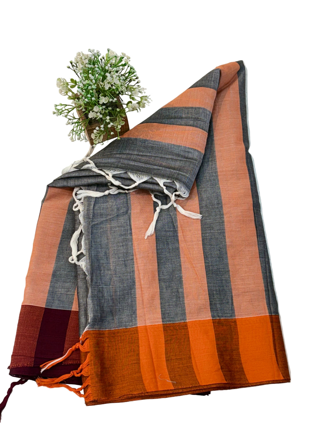 Name: Handwoven Linen Saree cotton Pure linen with dual-tone grey base and peach-grey striped pallu, featuring maroon and rust borders.