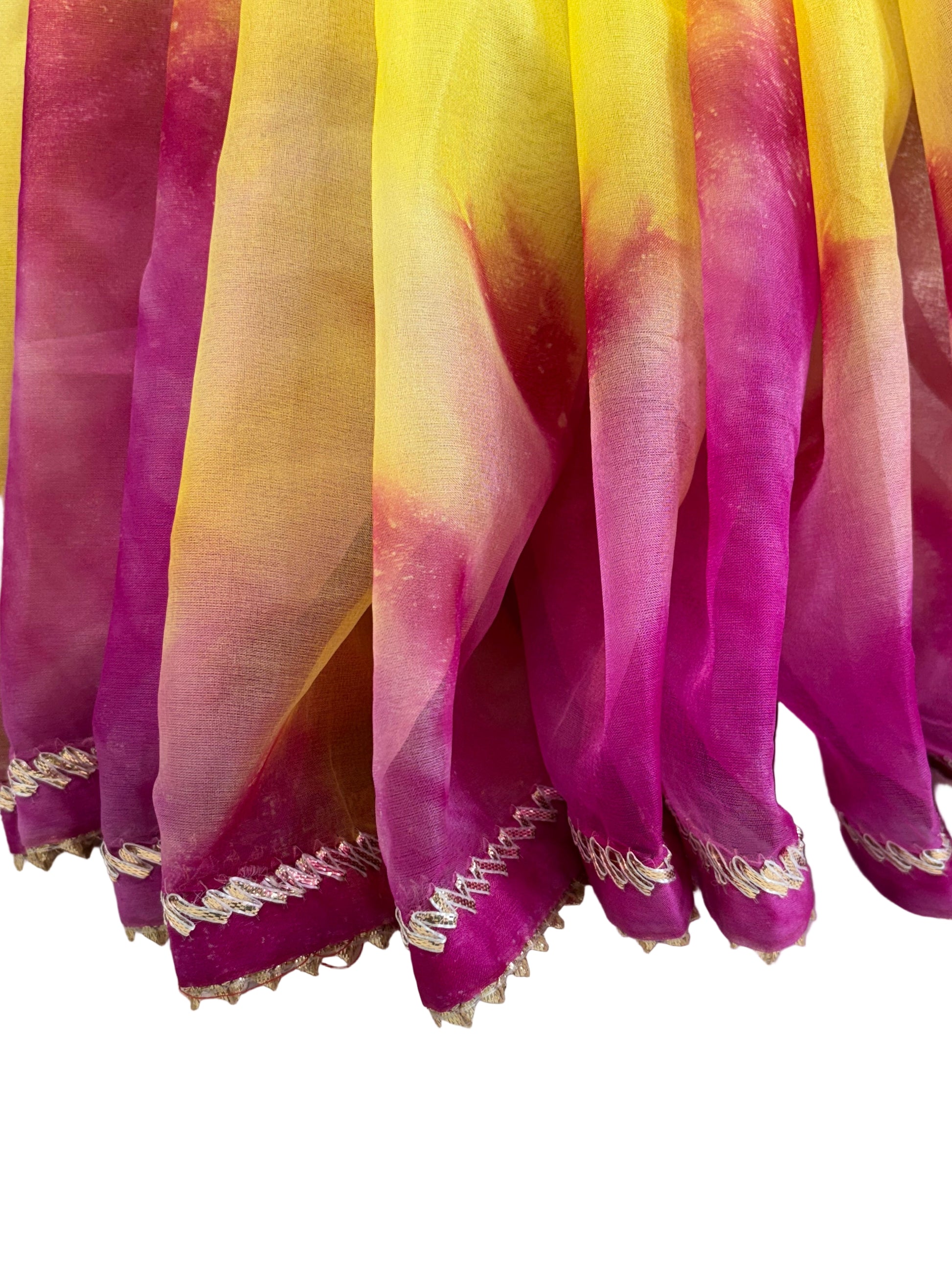 Name: Yellow and Magenta Tie-Dye Saree Organza fabric with subtle sequin embroidery and scalloped border
