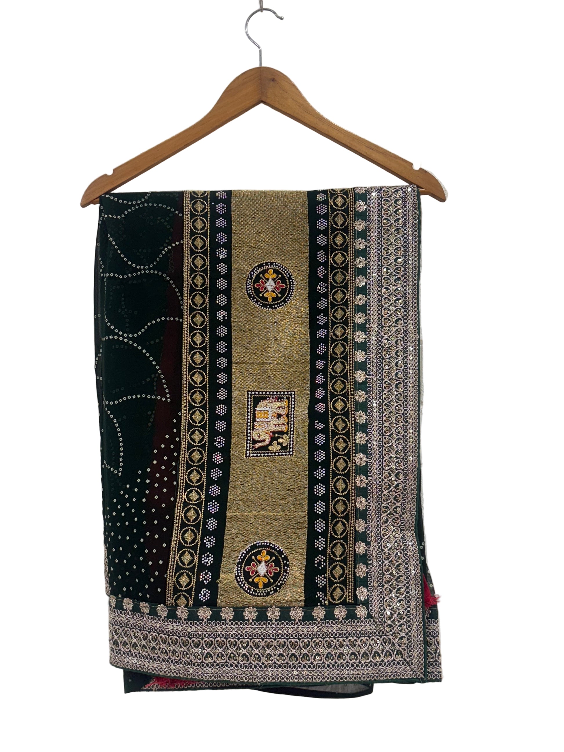 Name: Emerald Bandhej saree Traditional georgette saree featuring intricate bandhej patterns with golden zari and ethnic motif border.