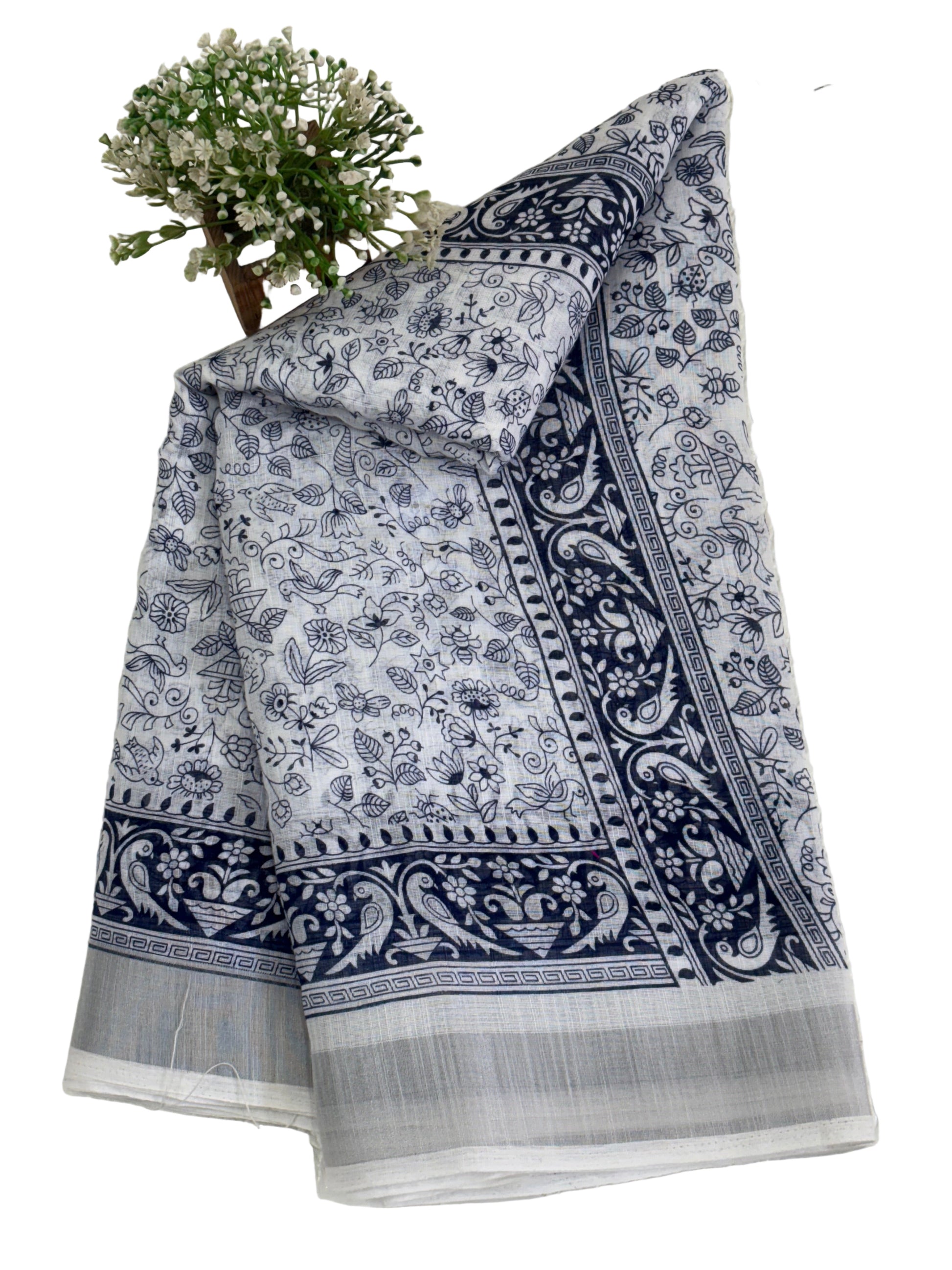 Cotton saree white and blue midnight colour silver colour zari border and peacock & floral motifs silver border often called a checked  Patola design