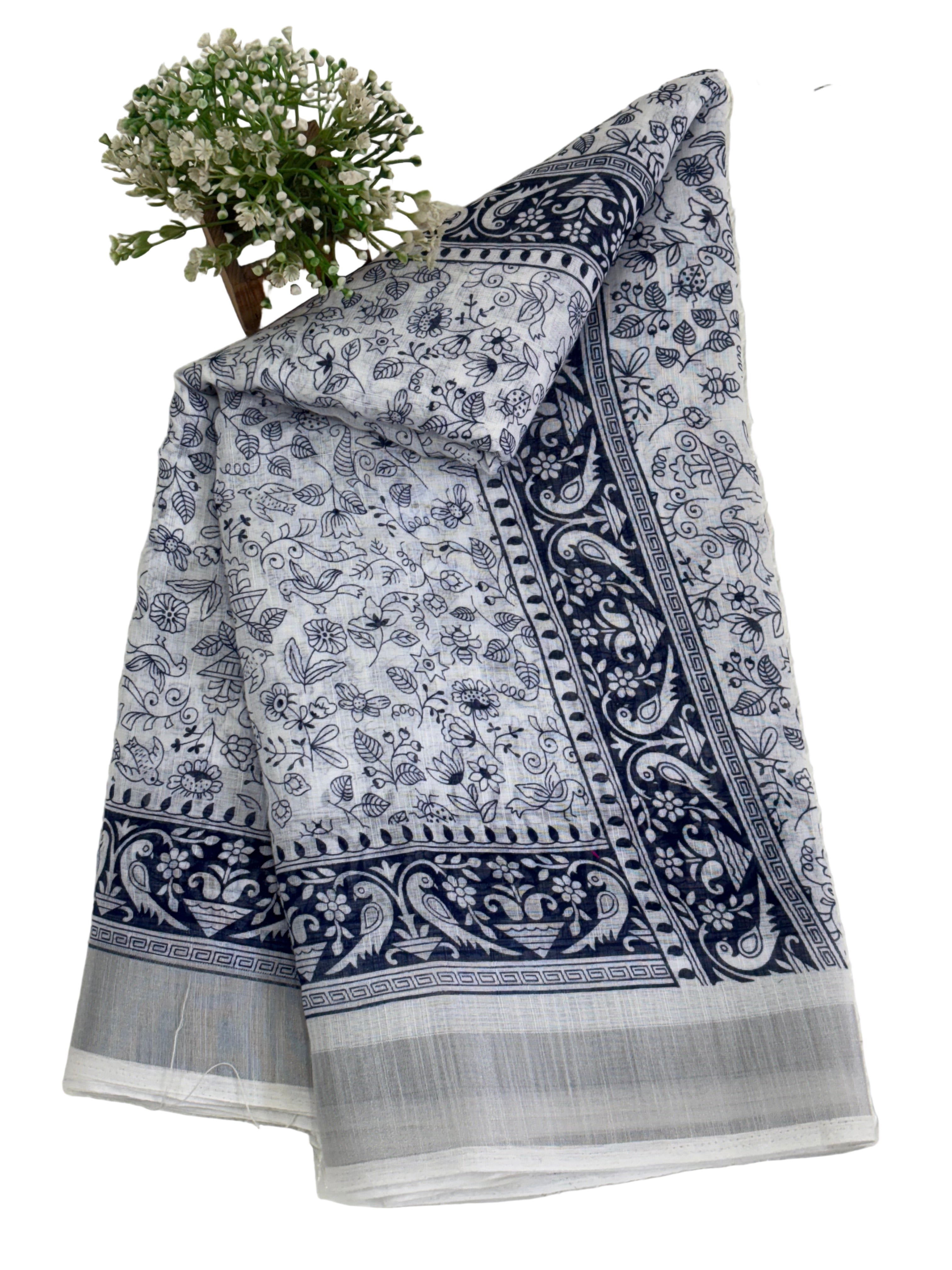 Cotton saree white and blue midnight colour silver colour zari border and peacock & floral motifs silver border often called a checked  Patola design