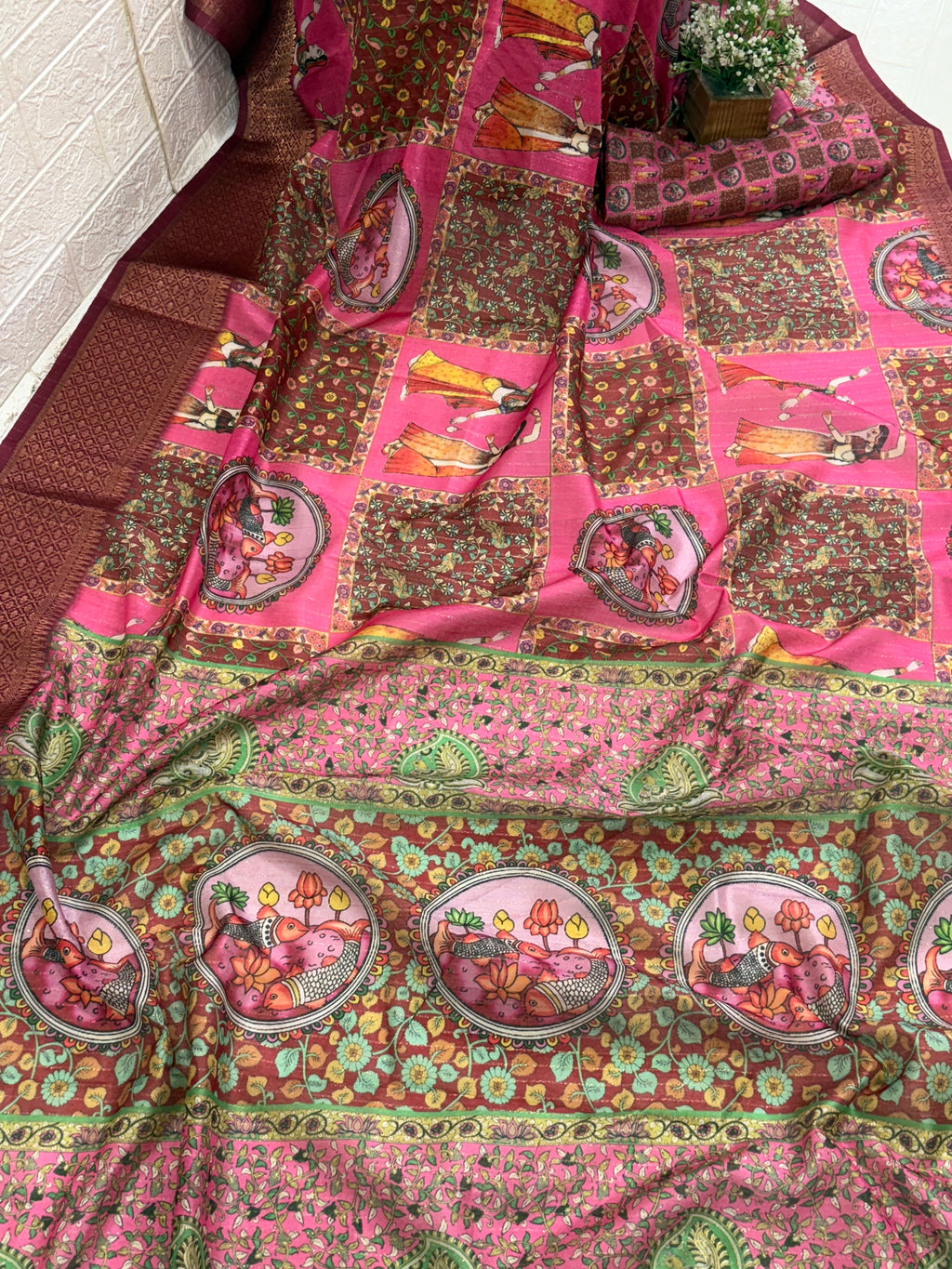 Pattachitra or Folk Art Print Saree Kalamkari or Digital Print Silk Saree Batik or Tie-Dye Print Saree Pink Saree (with square blocks and  circular & figures)