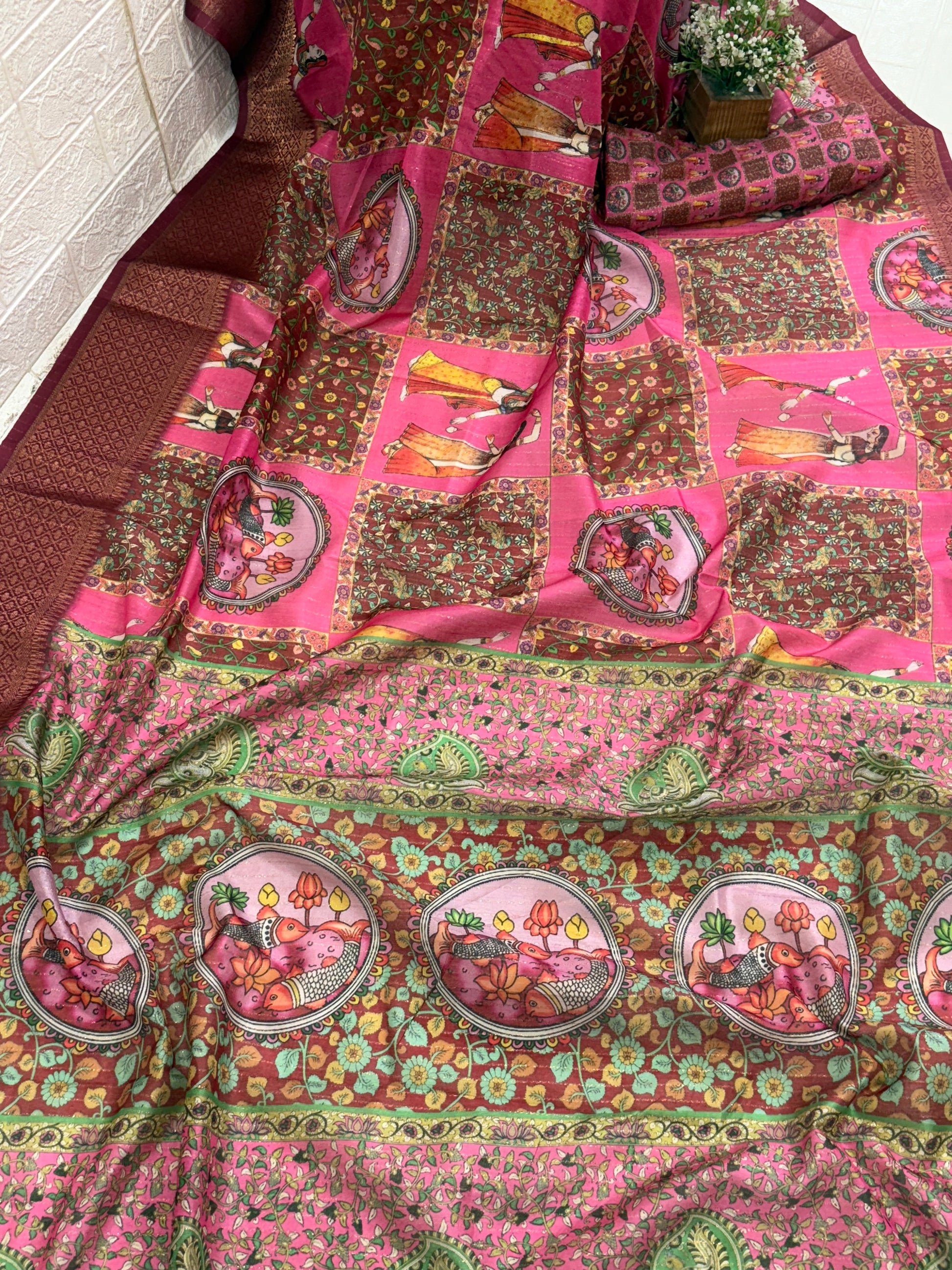 Pattachitra or Folk Art Print Saree Kalamkari or Digital Print Silk Saree Batik or Tie-Dye Print Saree Pink Saree (with square blocks and  circular & figures)