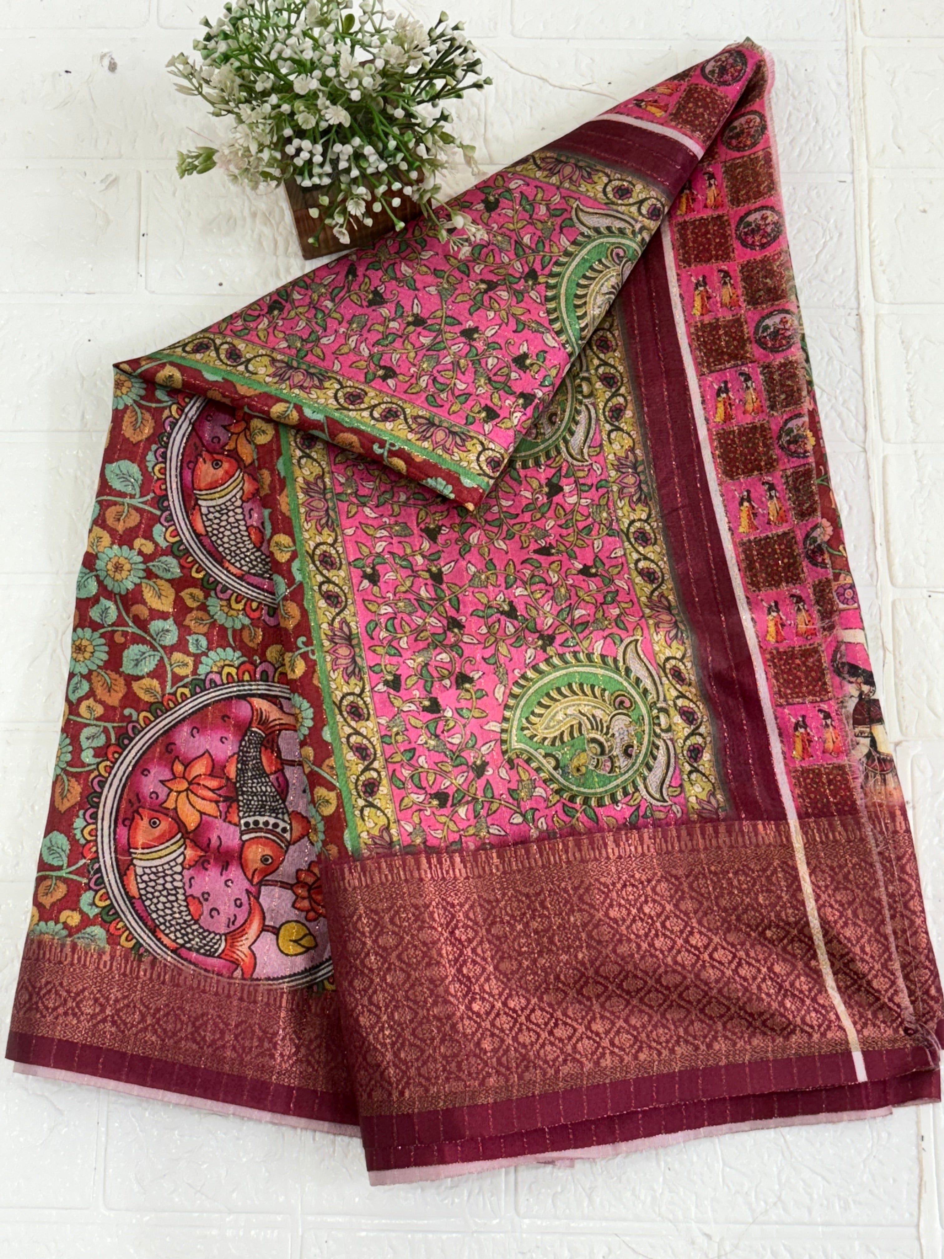 Pattachitra or Folk Art Print Saree Kalamkari or Digital Print Silk Saree Batik or Tie-Dye Print Saree Pink Saree (with square blocks and  circular & figures)
