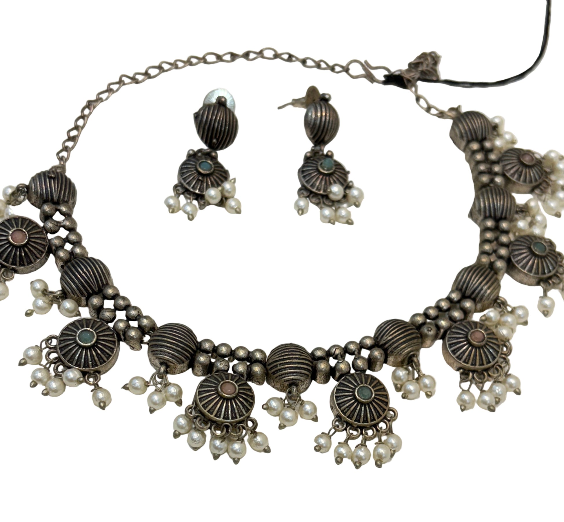 Name: Oxidized Silver Choker Set German silver base with pearl bead detailing