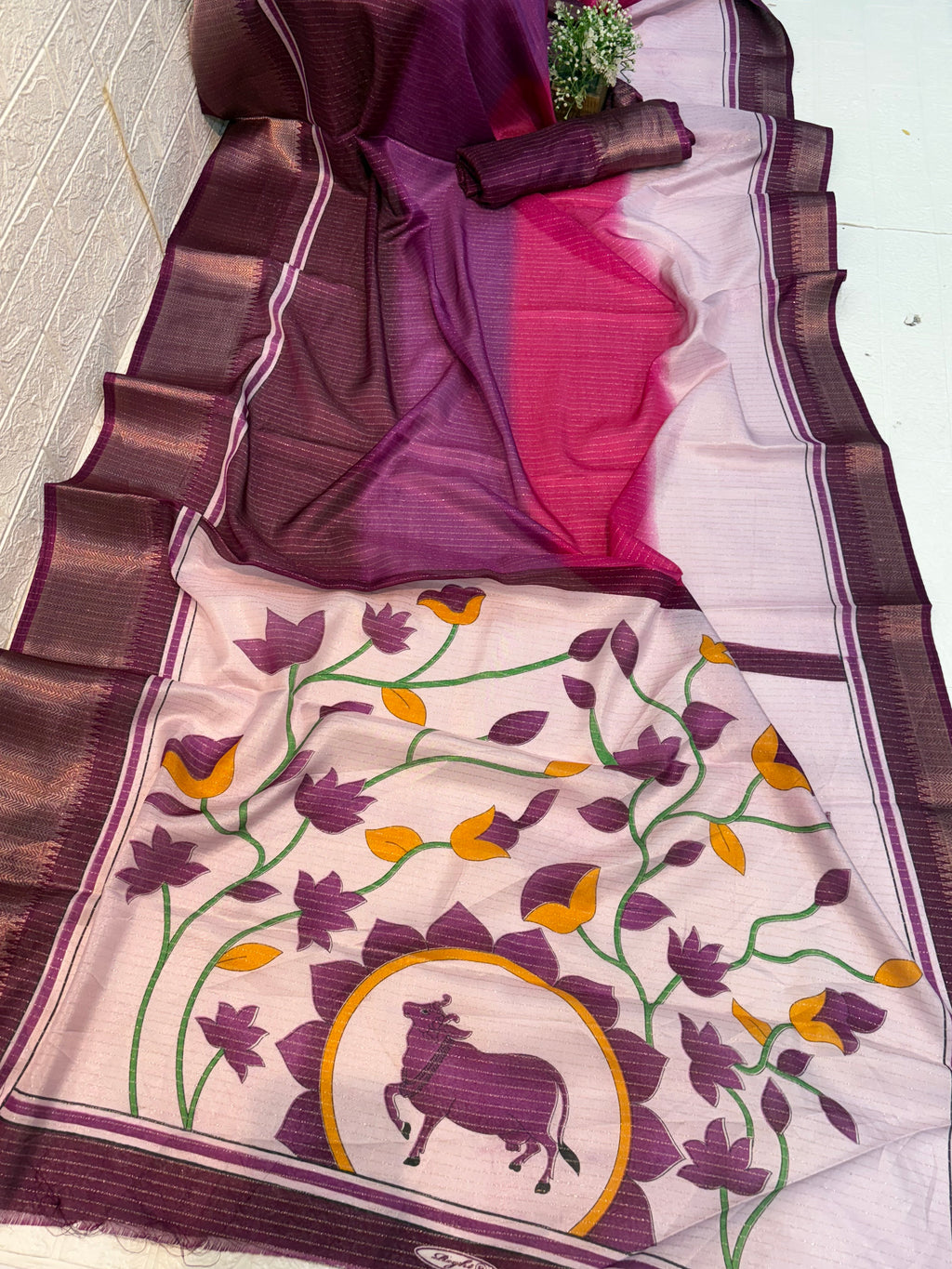 Name: Wine & Pink Floral Saree semi Silk fabric with printed floral pallu and metallic woven texture