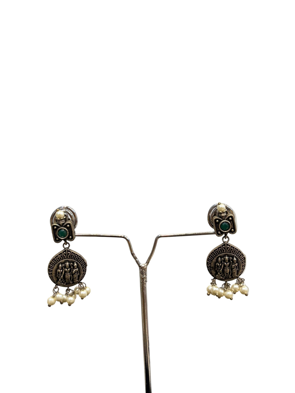 Name: Temple Coin Oxidized Necklace Set German silver with green stone accents and pearl bead embellishments