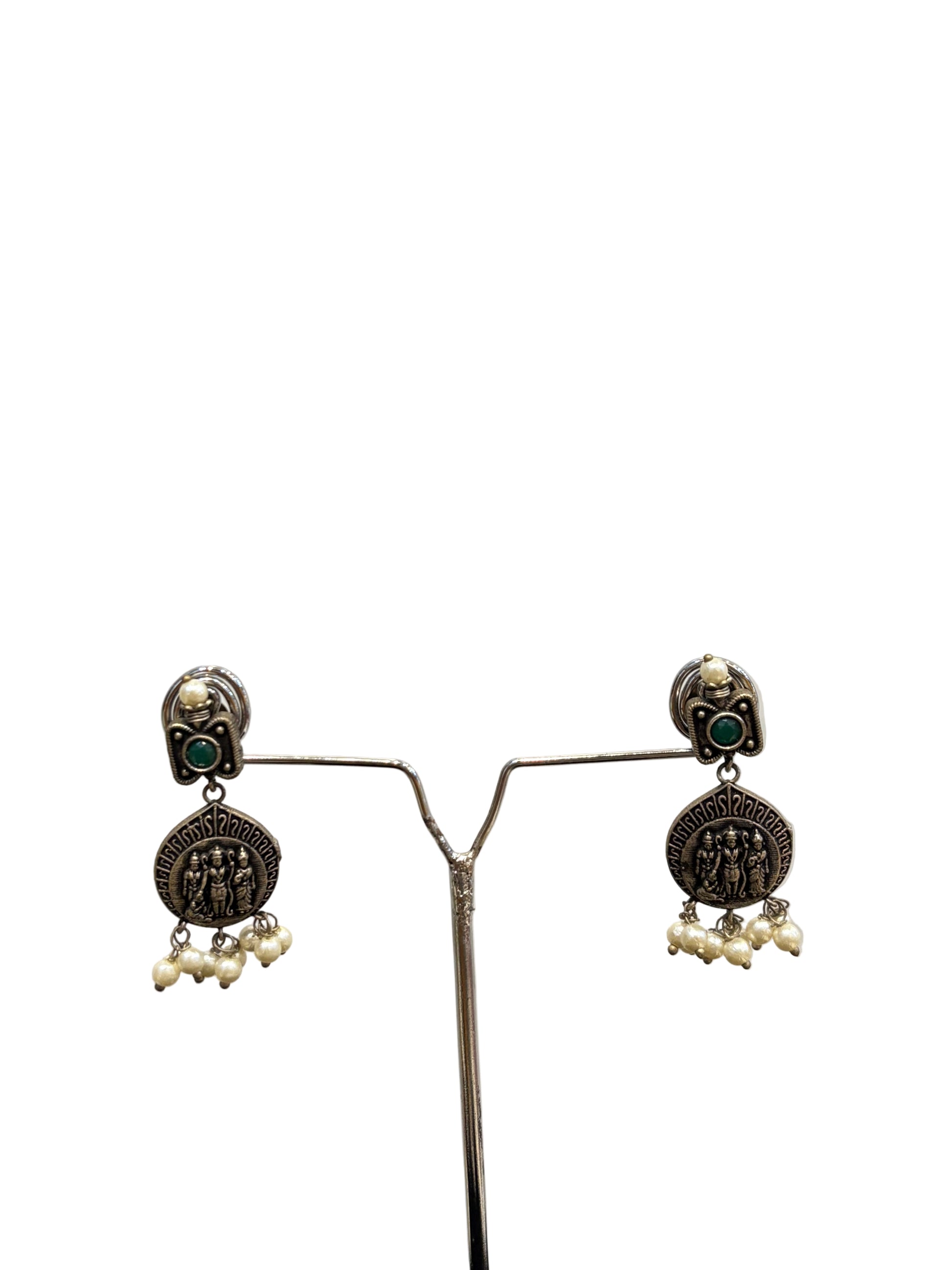 Name: Temple Coin Oxidized Necklace Set German silver with green stone accents and pearl bead embellishments