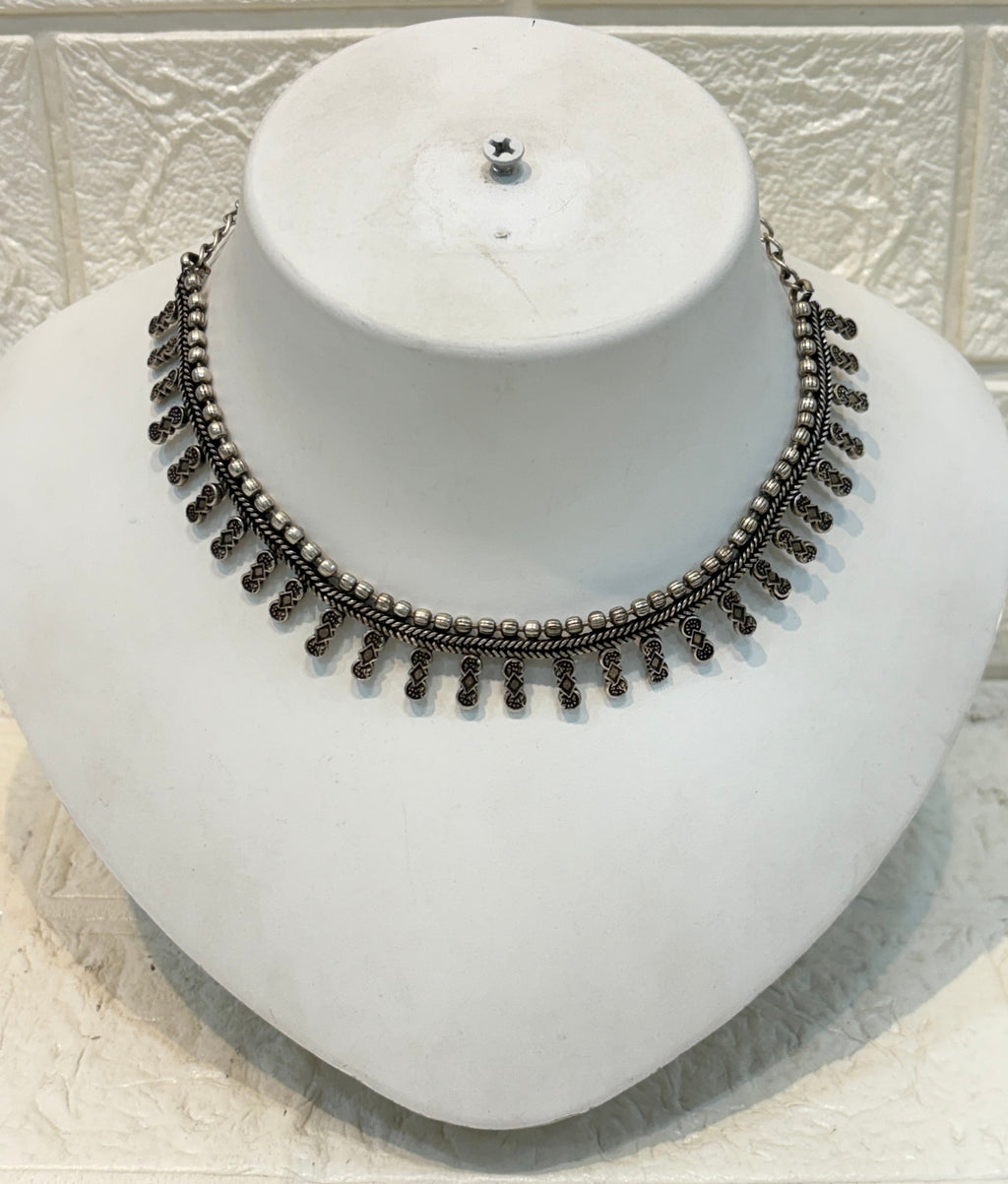 Name: Classic Oxidized Silver Choker Oxidized silver metal with intricate bead and loop detailing