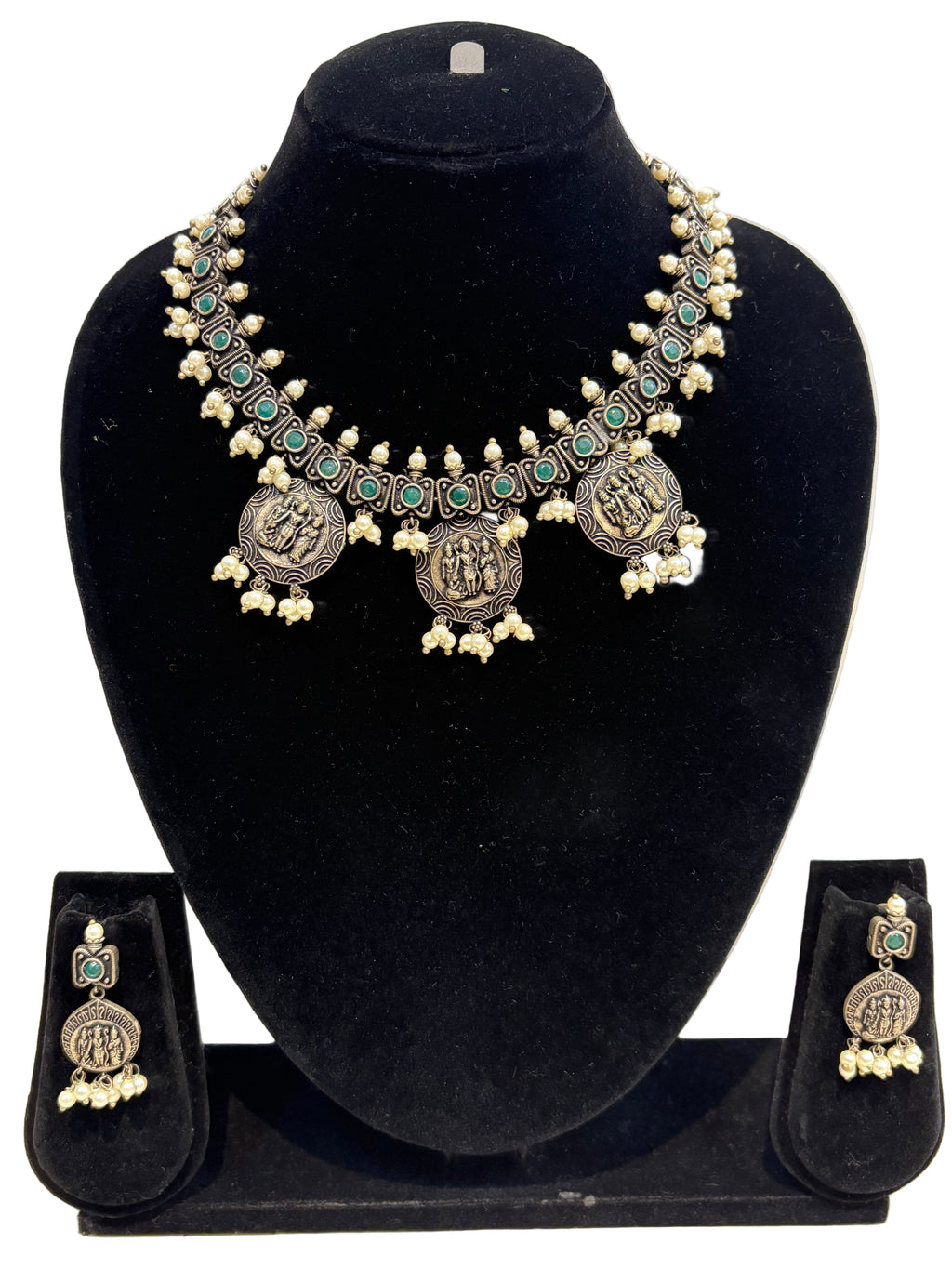 Name: Temple Coin Oxidized Necklace Set German silver with green stone accents and pearl bead embellishments