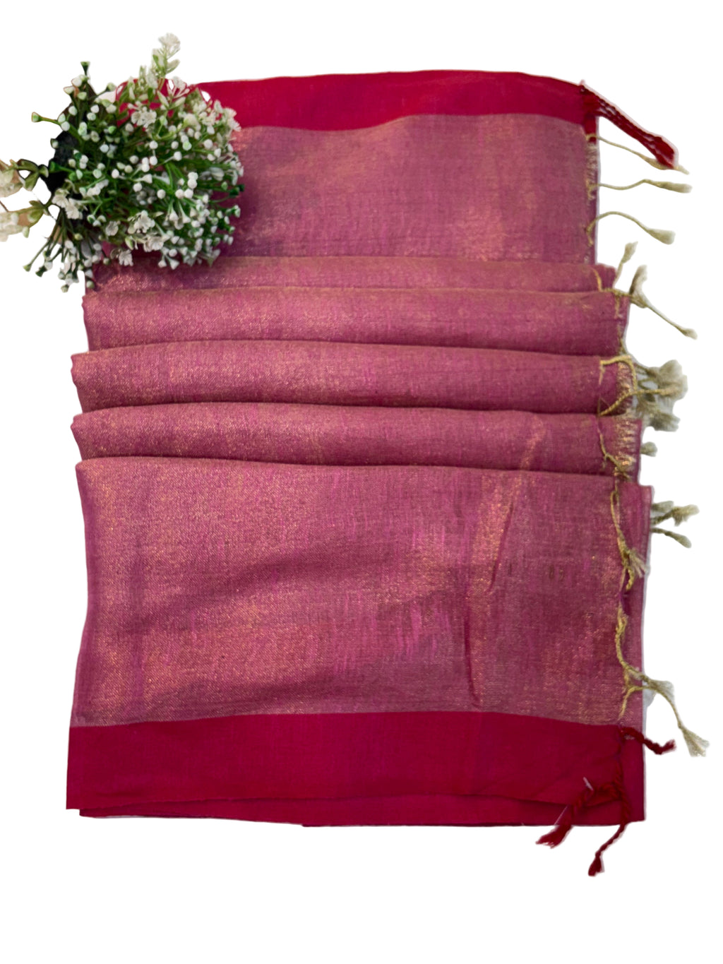 Name: Rose Gold cotton  shimmering Silk Saree with a soft rose-pink and golden sheen, finished with a deep maroon border.