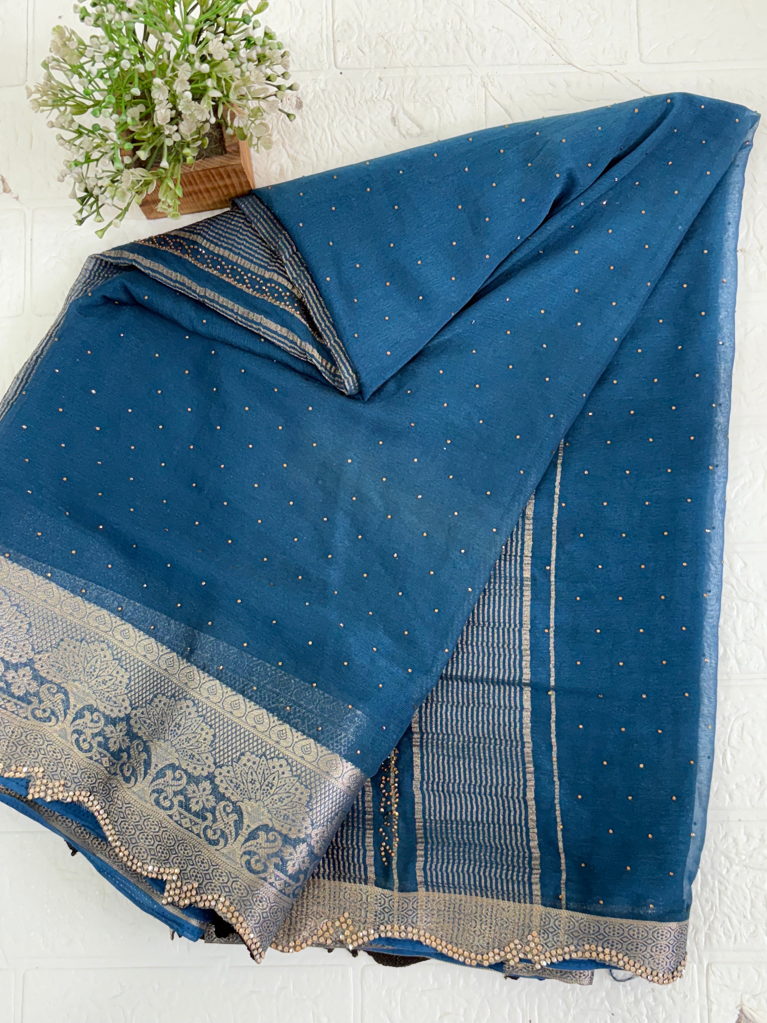 Teal Blue Saree with golden border and Pallu shimmer georgette Silk Saree Blend with Zari Weave