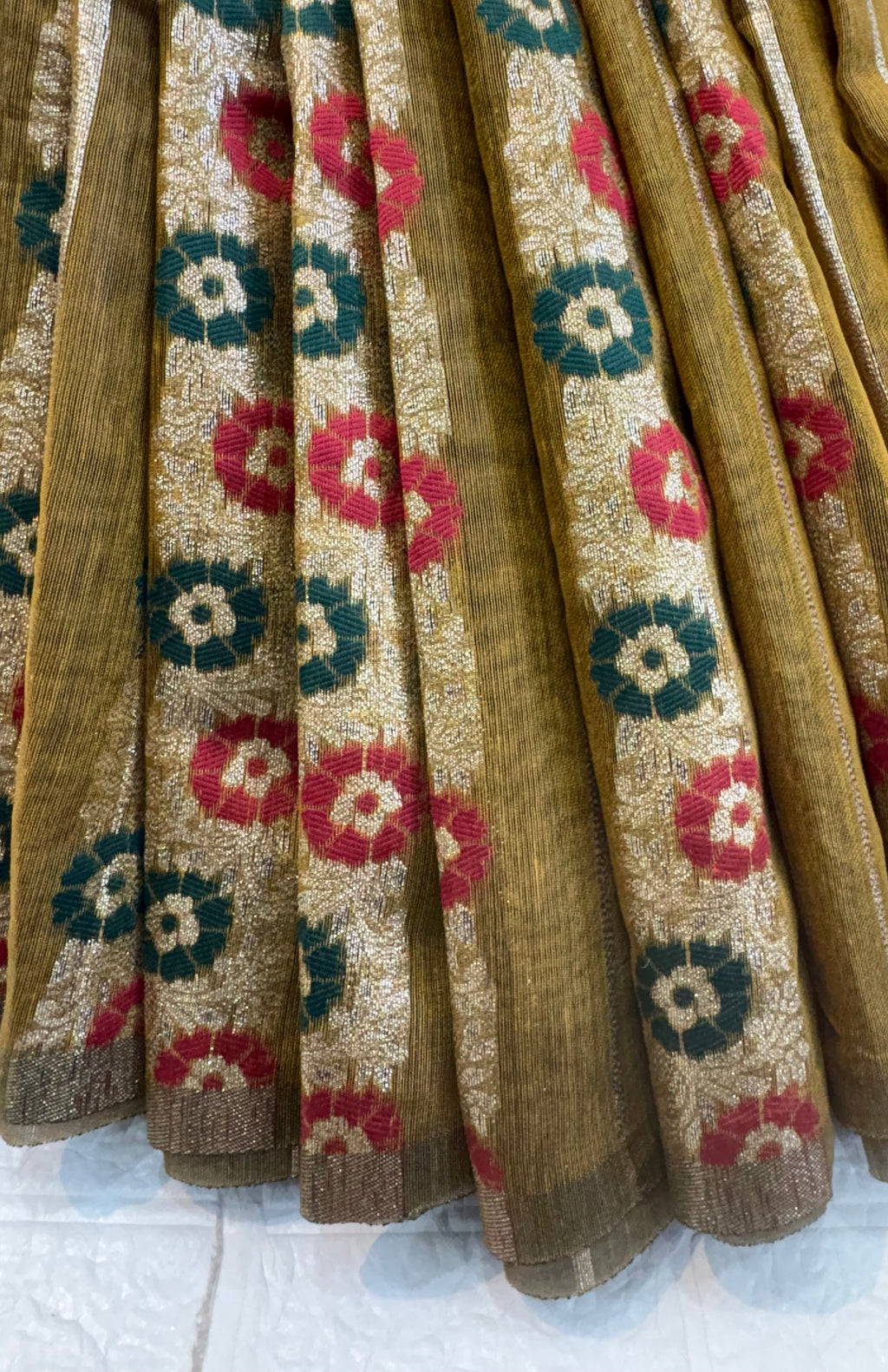 Mustard Bloom Zari Elegant soft cotton saree with fine zari stripes, multicolor floral butti bands, and a richly woven navy-blue zari pallu and border for a traditional festive appeal.