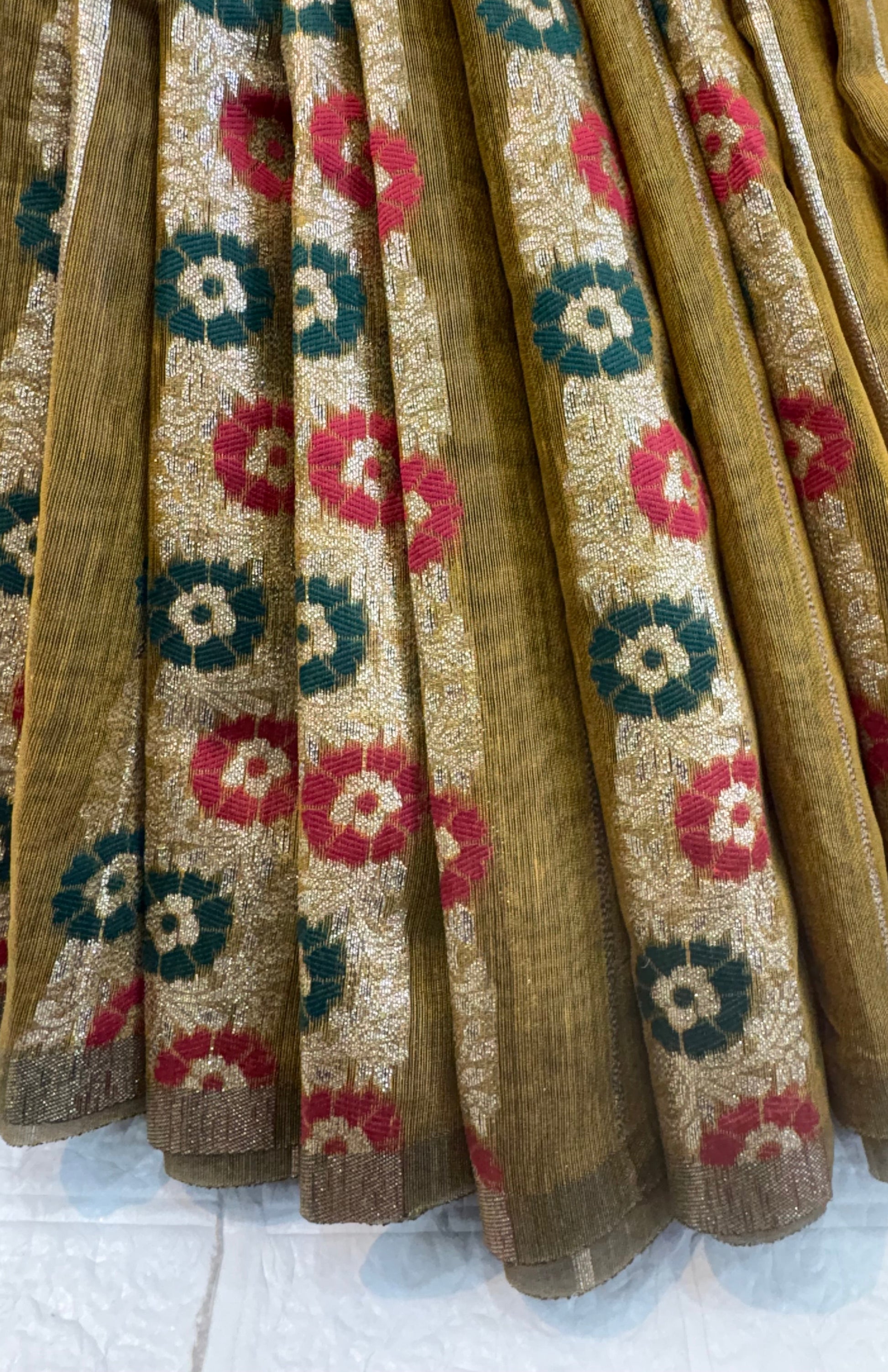 Mustard Bloom Zari Elegant soft cotton saree with fine zari stripes, multicolor floral butti bands, and a richly woven navy-blue zari pallu and border for a traditional festive appeal.