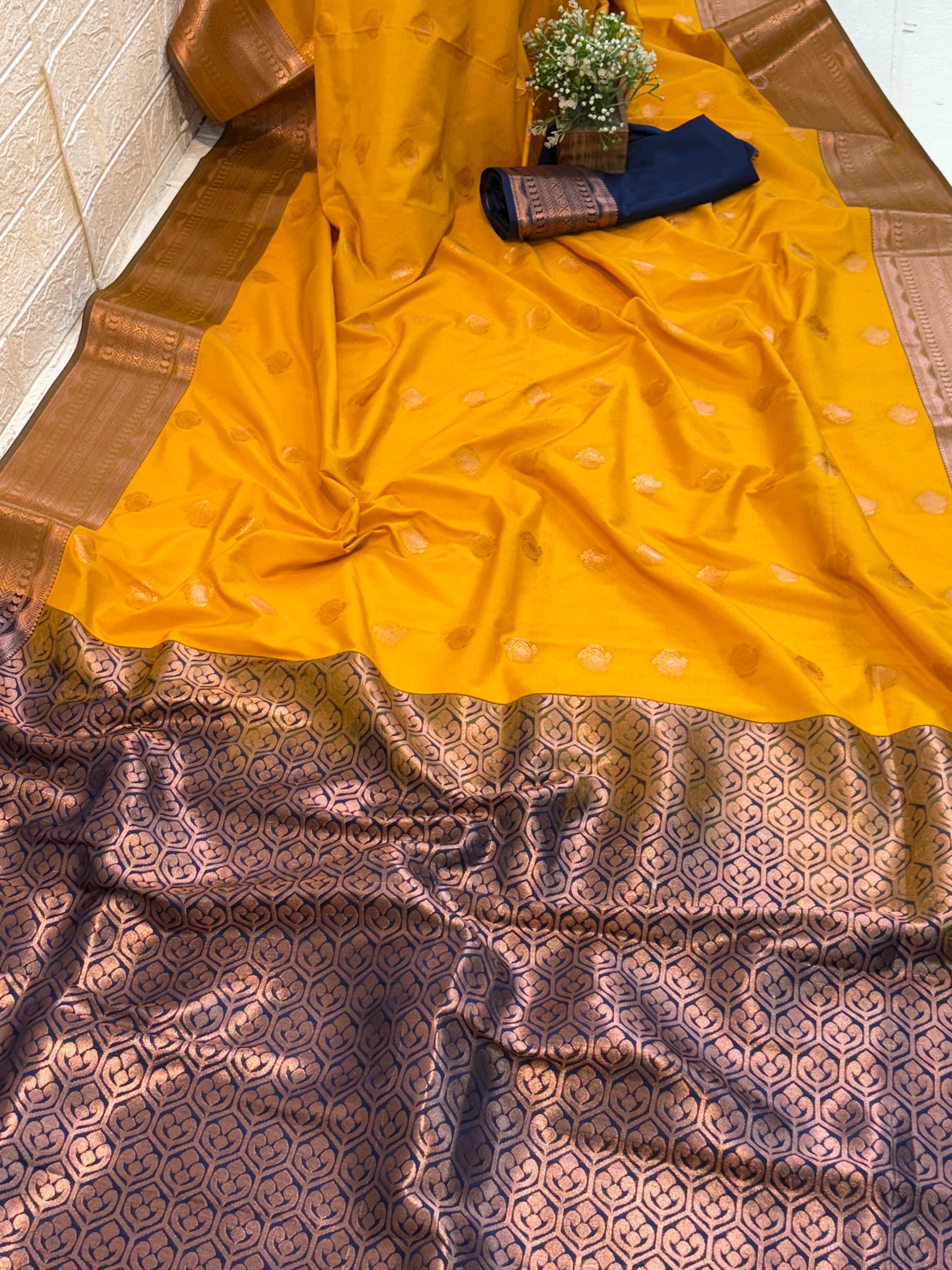Name: Mustard Yellow soft Silk Saree with Contrast Navy Blue Zari Woven Border and Pallu