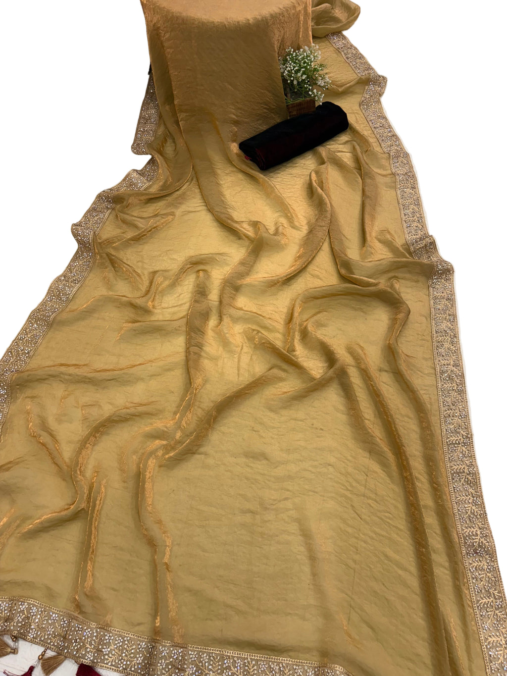 Name: Golden Grace colour Saree Jimmy-Choo saree with maroon velvet blouse intricate zari embroidered border and tassel detailing