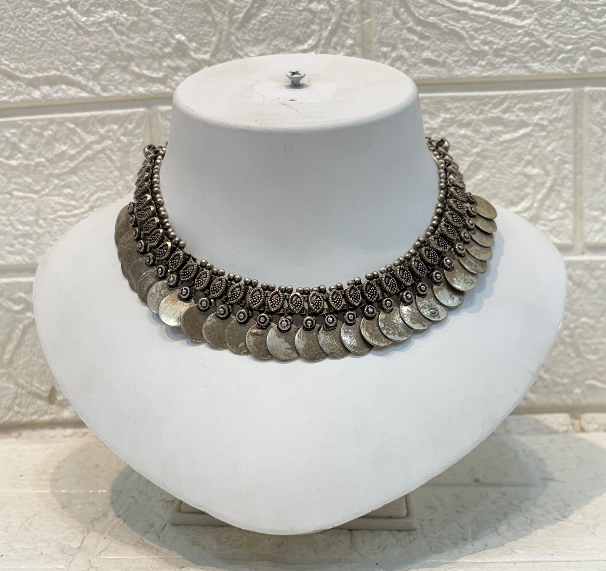 Name: Coin Oxidized Silver Choker Necklace German silver with antique coin detailing and intricate handcrafted design