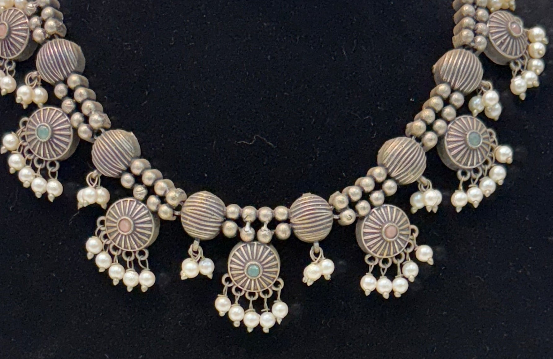 Name: Oxidized Silver Choker Set German silver base with pearl bead detailing