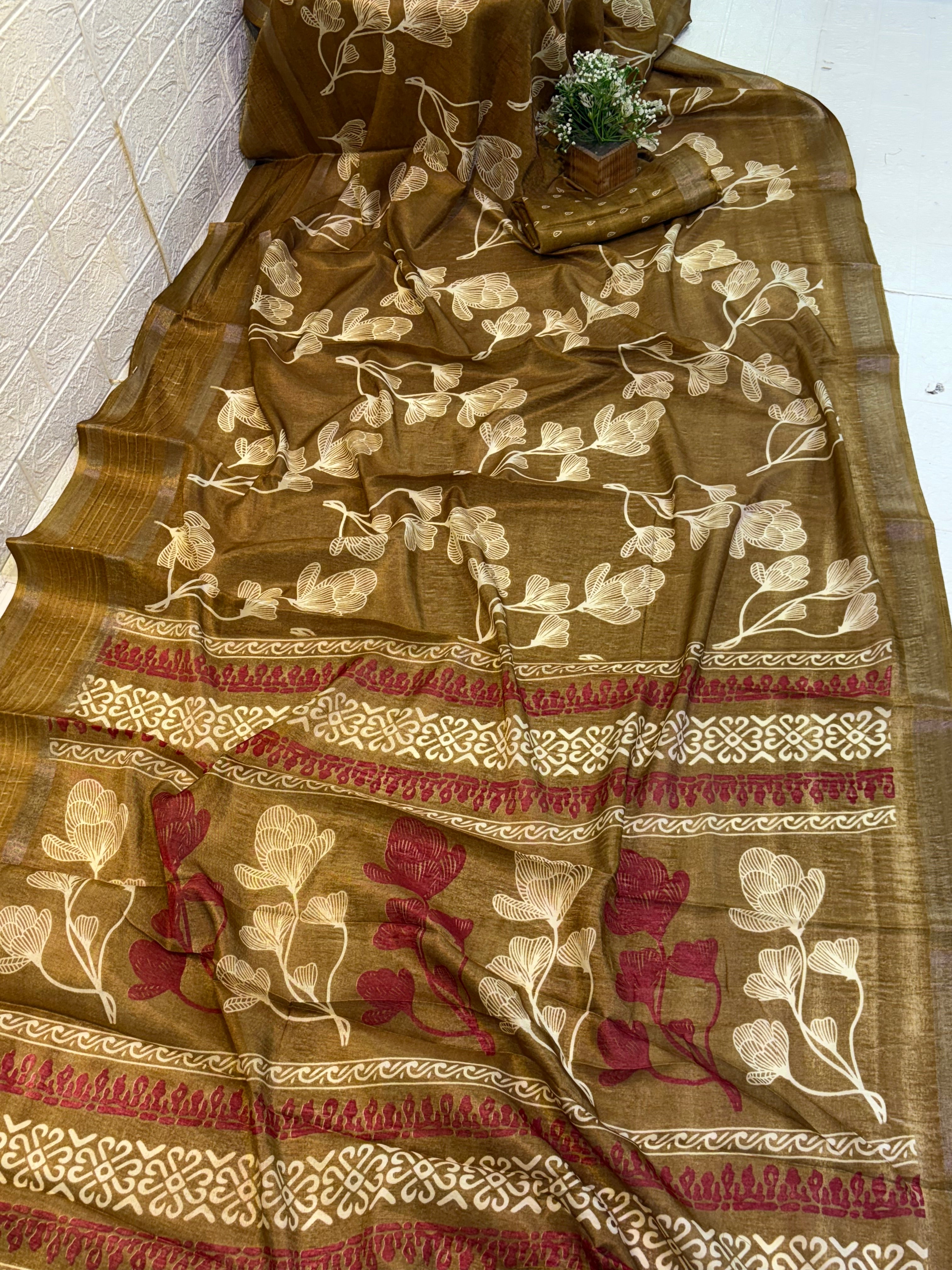 Name: Olive Floral Printed Saree fabric soft cotton silk Lightweight cotton blend with a soft, smooth drape