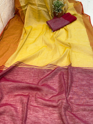 Name: Dual Shade Mustard and Maroon cotton shimmering Saree with a rich mustard body and maroon pallu, accented by a subtle border.