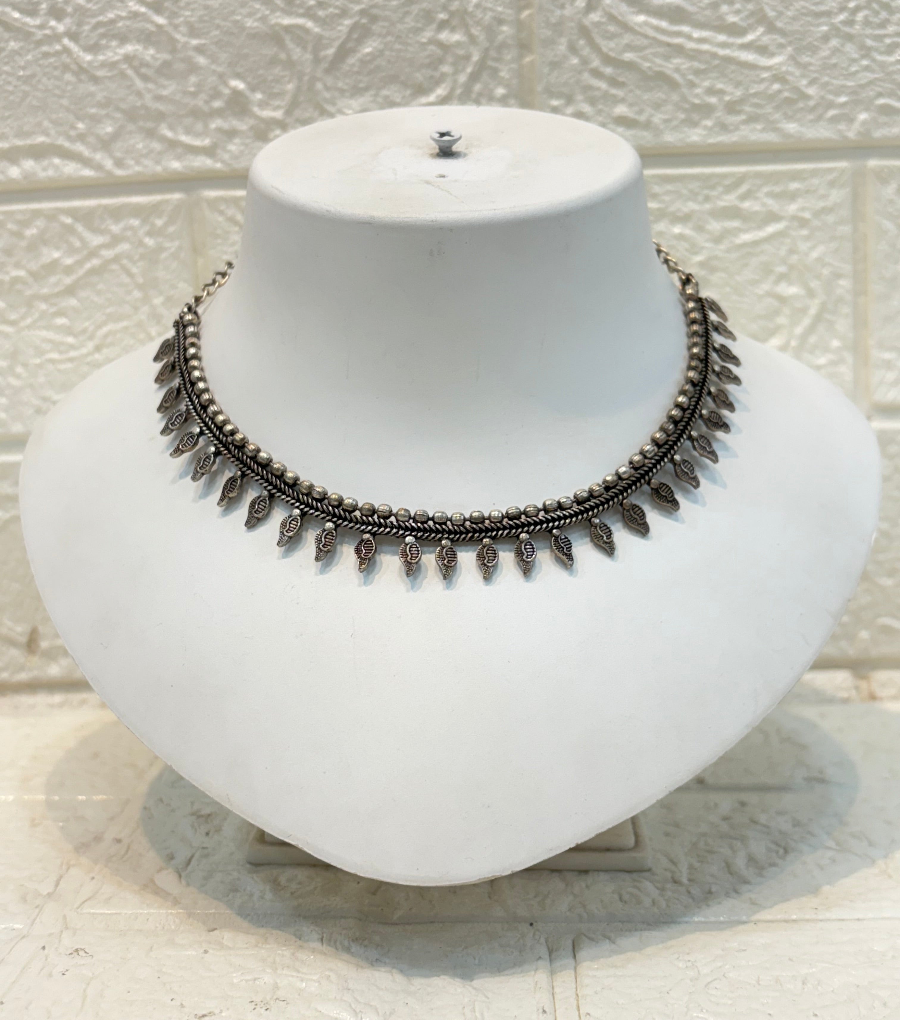 Name: Leaf Design Oxidized Choker Necklace German silver with antique finish and delicate leaf charm detailing