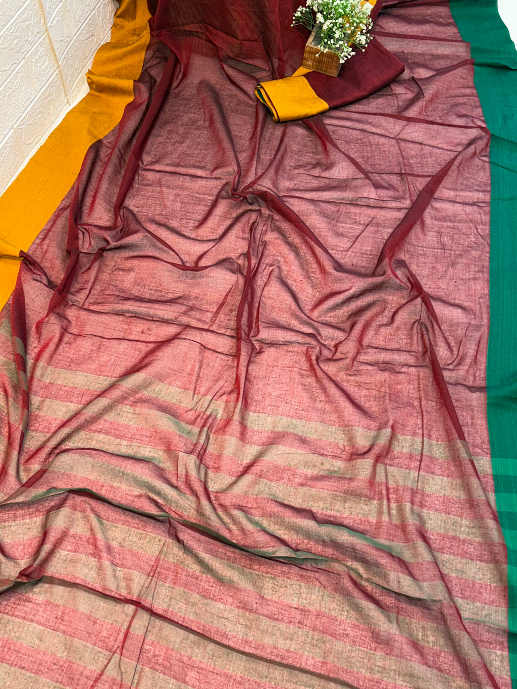 Name: Dual Tone Handloom Cotton Saree with contrast green and mustard borders and subtle woven stripes