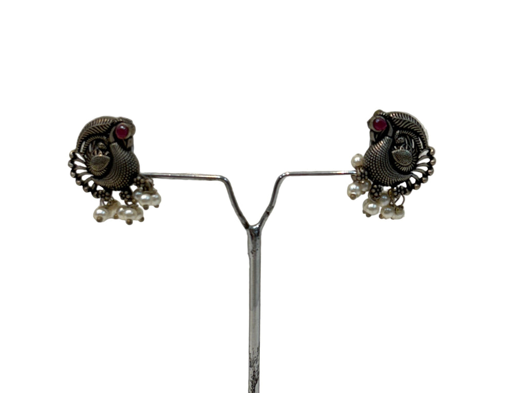 Name: Antique Peacock Oxidized Necklace Set German silver with pink ruby stone accents and pearl bead embellishments