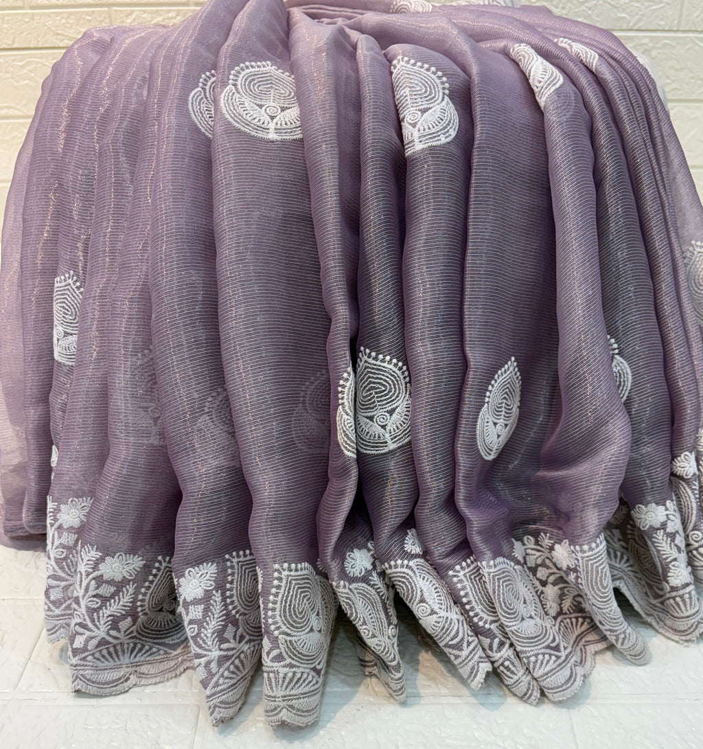 Name: Lavender Saree Organza fabric with intricate white thread embroidery and Maching blouse best look for festival