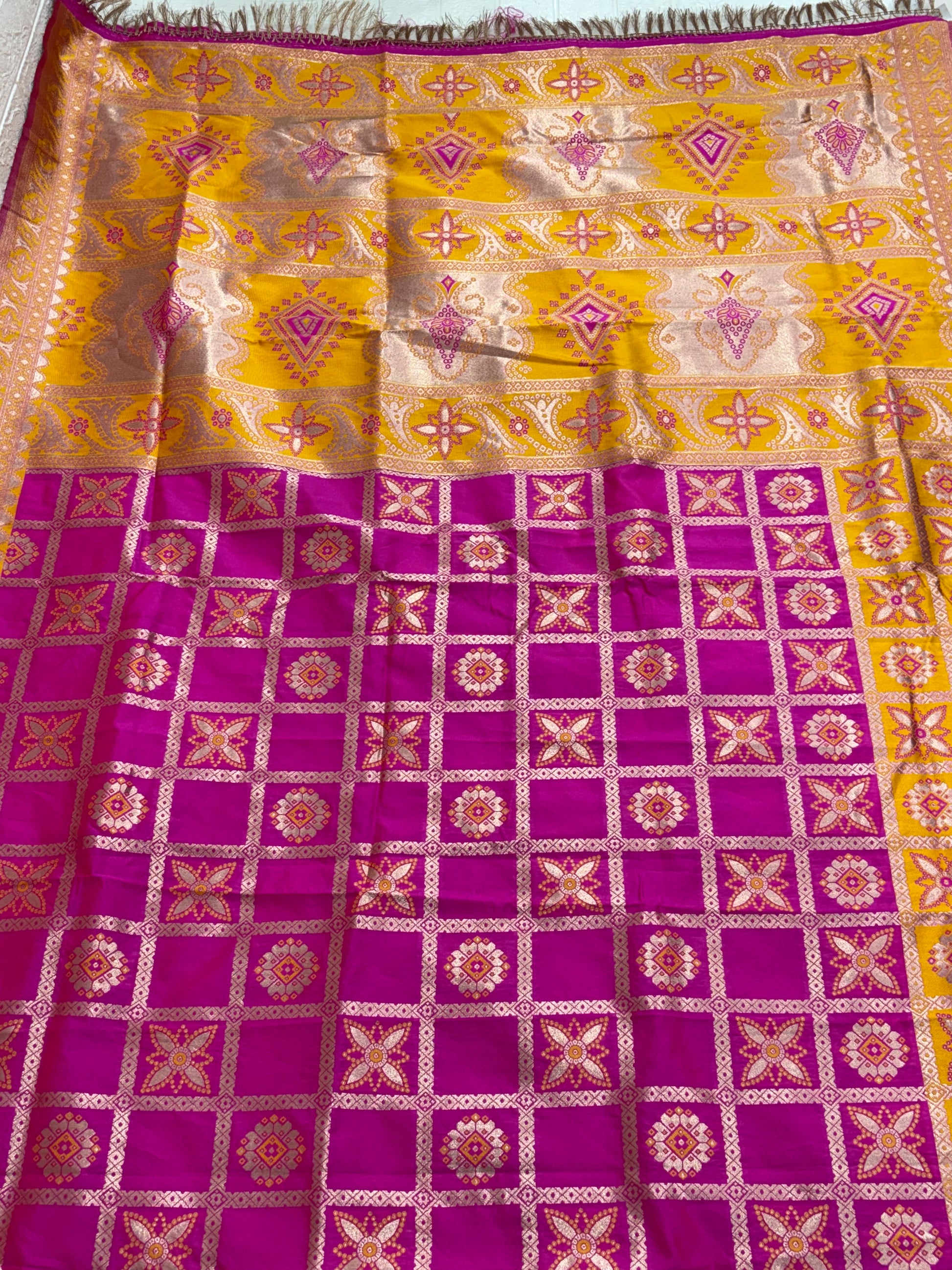 Name deep Pink saree fabric pure Art silk blend adorned with traditional block print motifs and a contrasting yellow border for a timeless ethic appeal