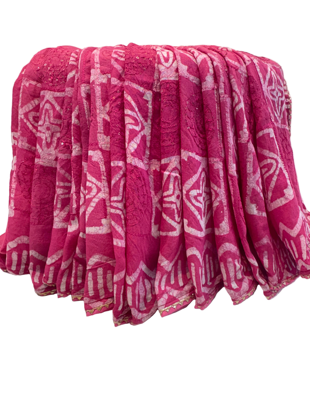 Name: Pink Bandhani Saree
Soft cotton silk with traditional bandhej pattern and sequin embellishments